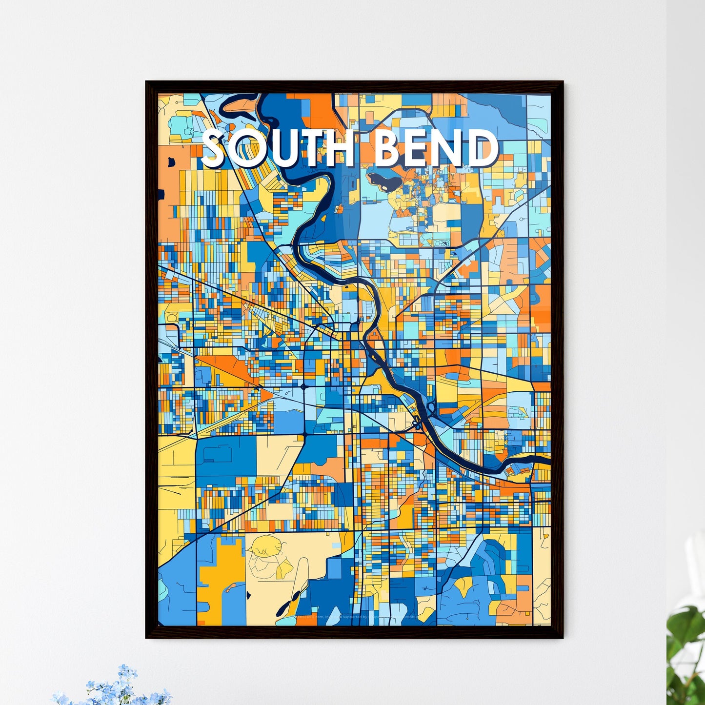 SOUTH BEND INDIANA Vibrant Colorful Art Map Poster Blue Orange