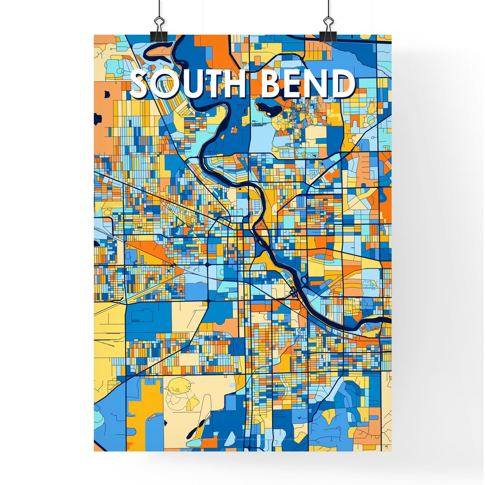 SOUTH BEND INDIANA Vibrant Colorful Art Map Poster Blue Orange