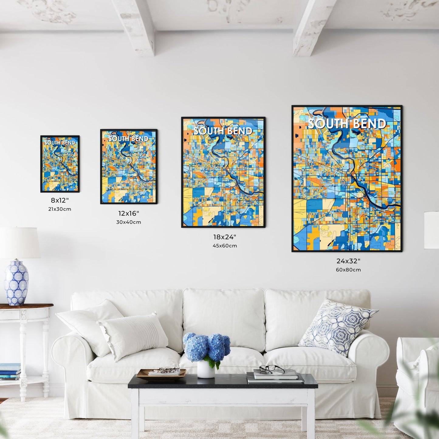 SOUTH BEND INDIANA Vibrant Colorful Art Map Poster Blue Orange