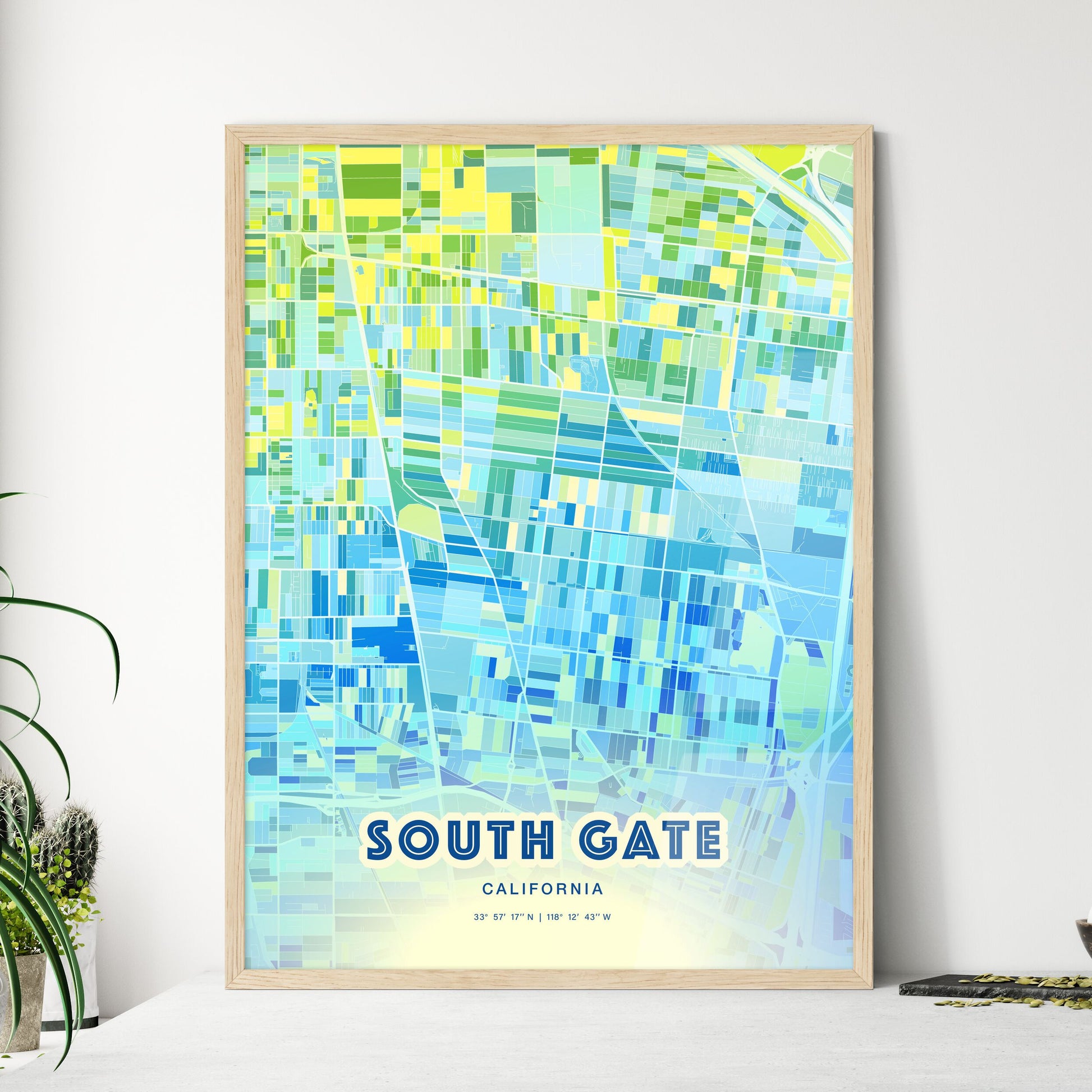 Colorful South Gate California Fine Art Map Cool Blue