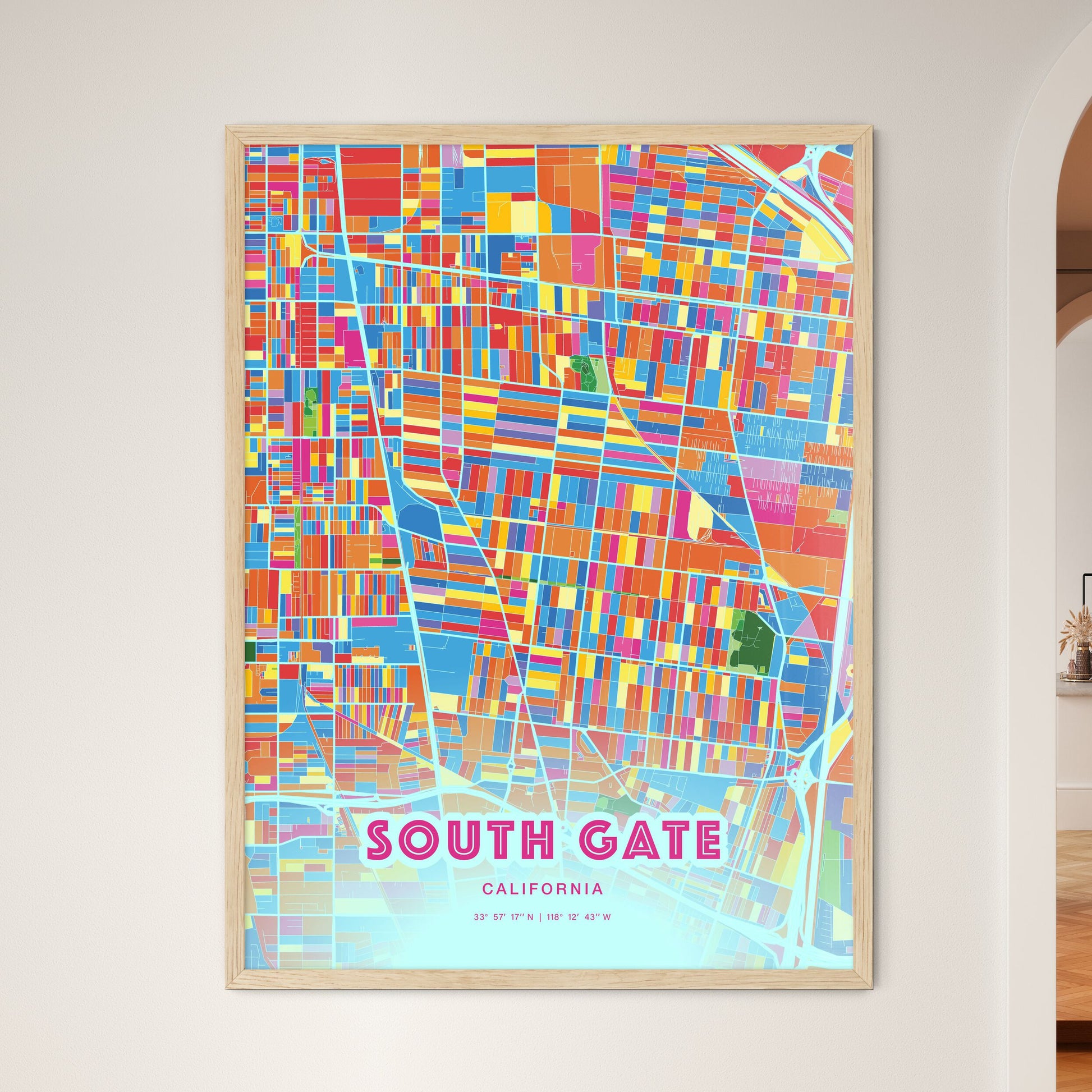Colorful South Gate California Fine Art Map Crazy Colors