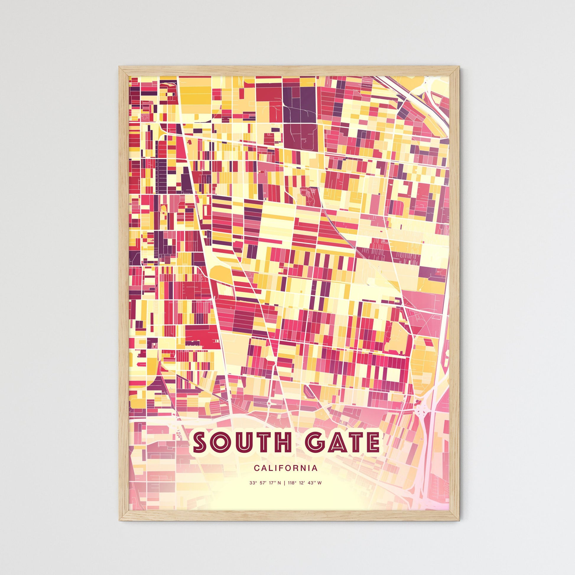 Colorful South Gate California Fine Art Map Hot Red