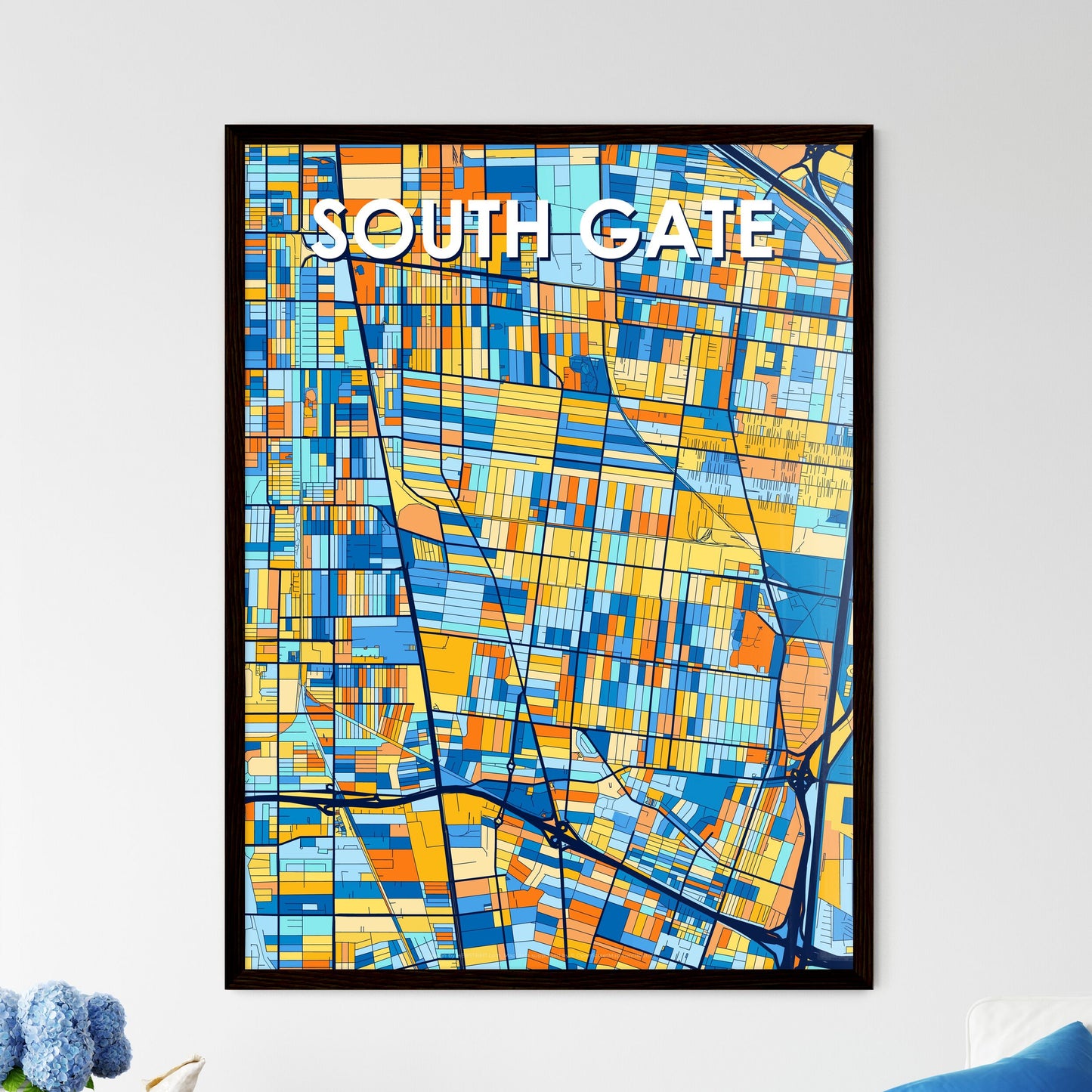 SOUTH GATE CALIFORNIA Vibrant Colorful Art Map Poster Blue Orange