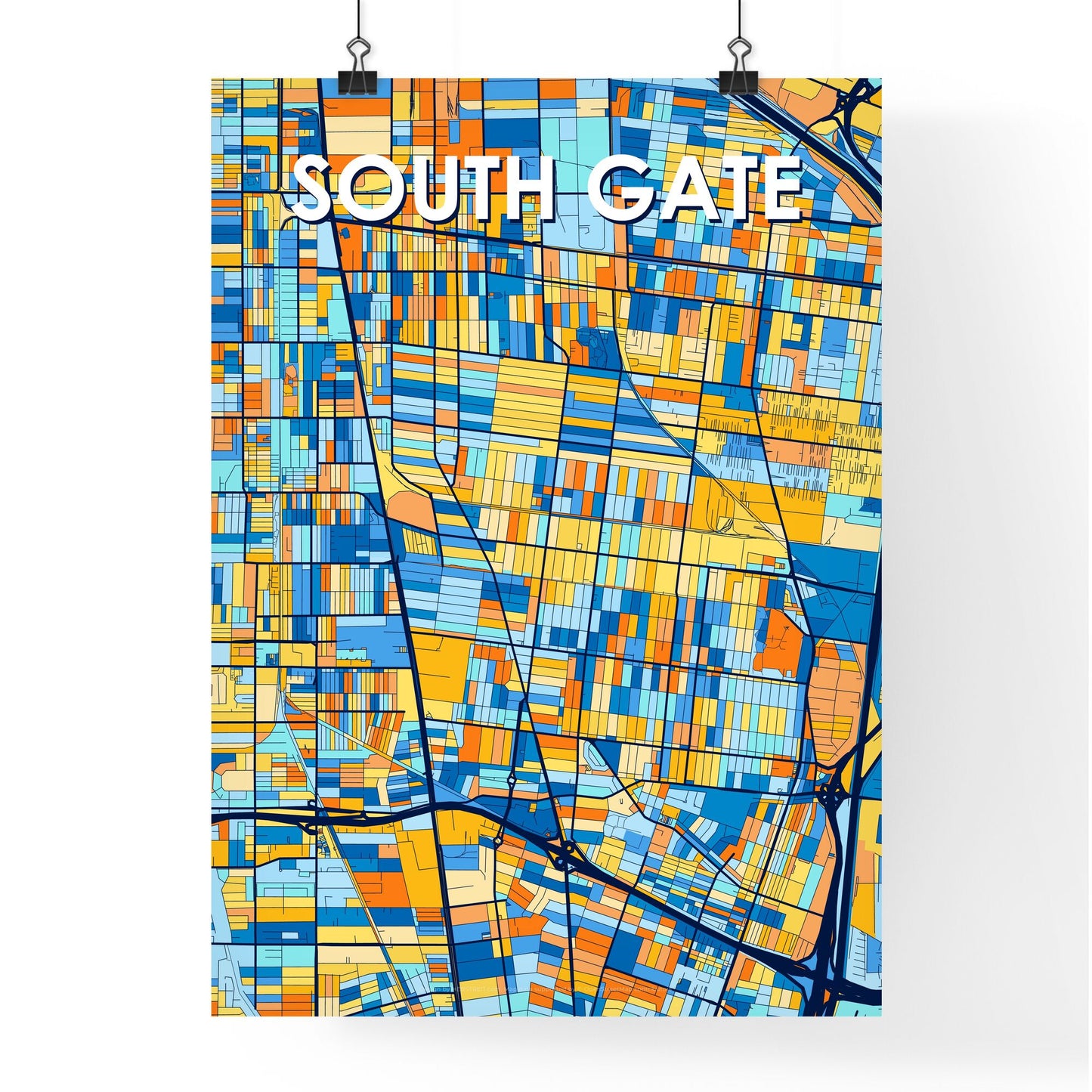 SOUTH GATE CALIFORNIA Vibrant Colorful Art Map Poster Blue Orange