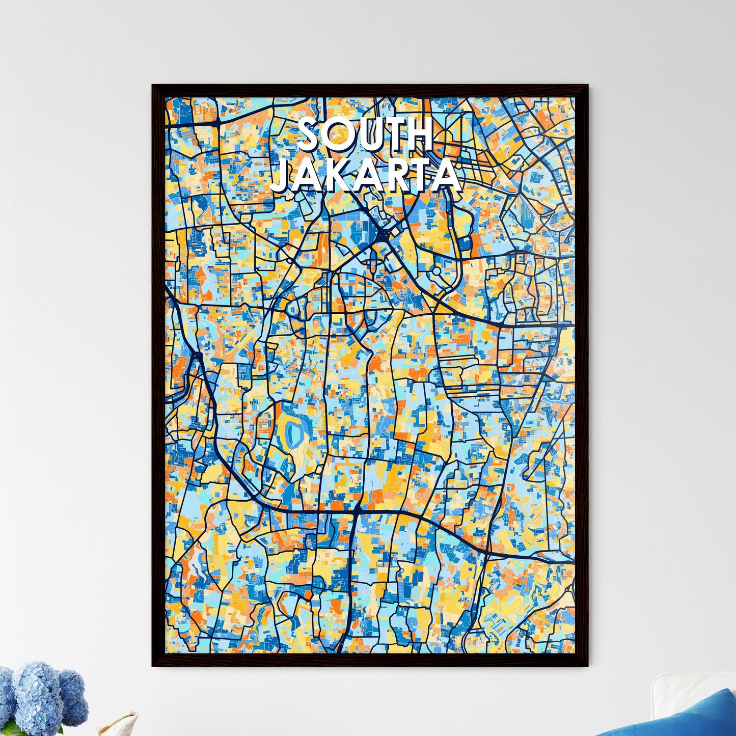 SOUTH JAKARTA INDONESIA Vibrant Colorful Art Map Poster Blue Orange