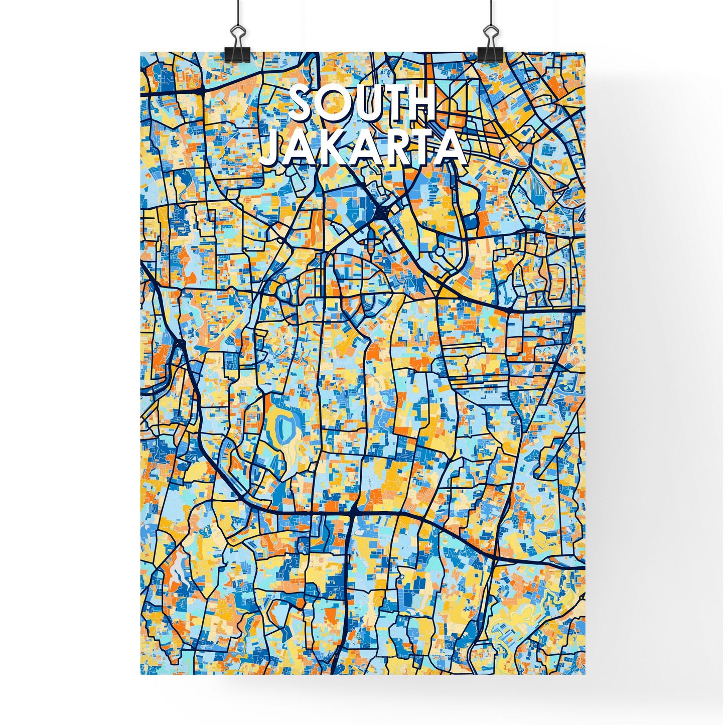 SOUTH JAKARTA INDONESIA Vibrant Colorful Art Map Poster Blue Orange