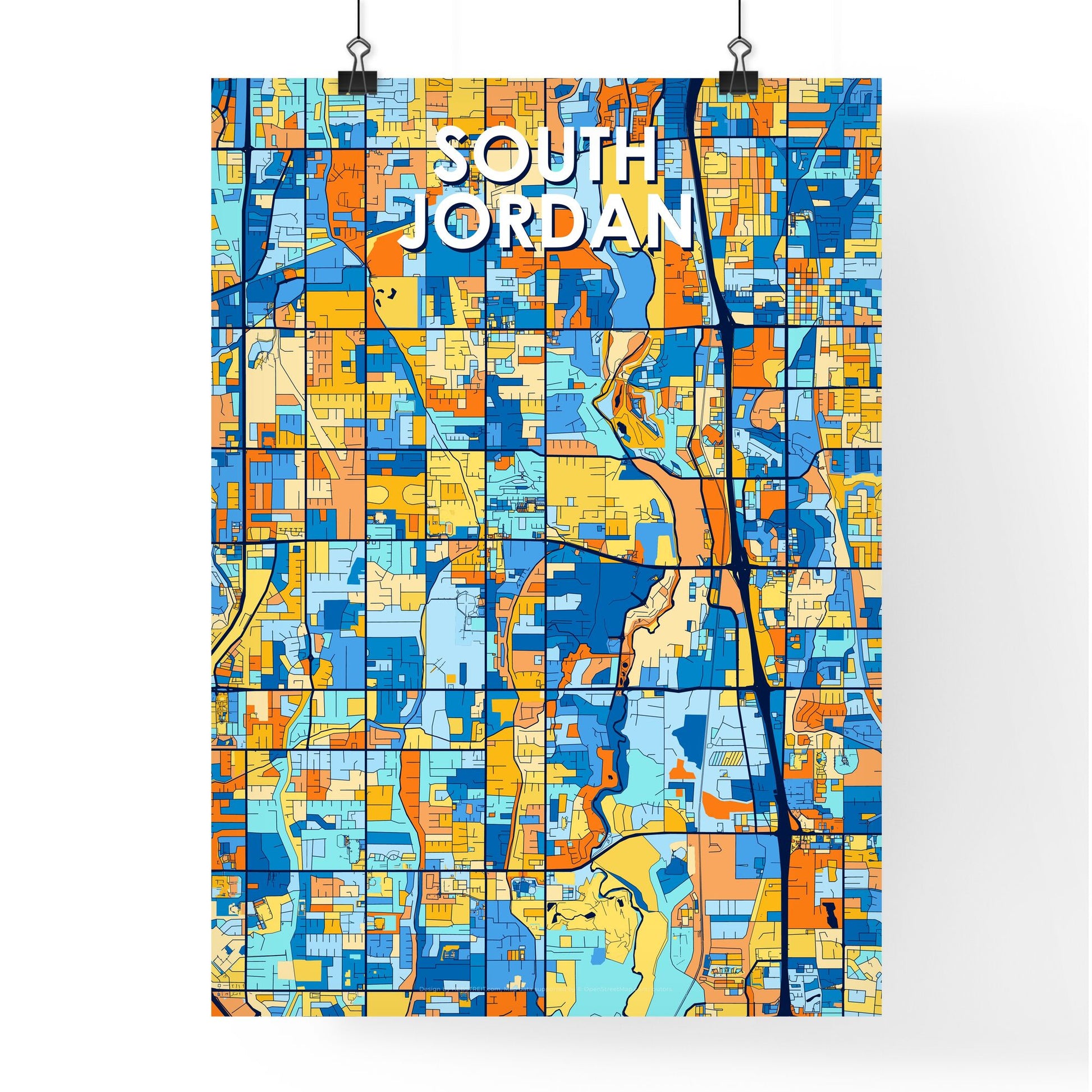 SOUTH JORDAN UTAH Vibrant Colorful Art Map Poster Blue Orange