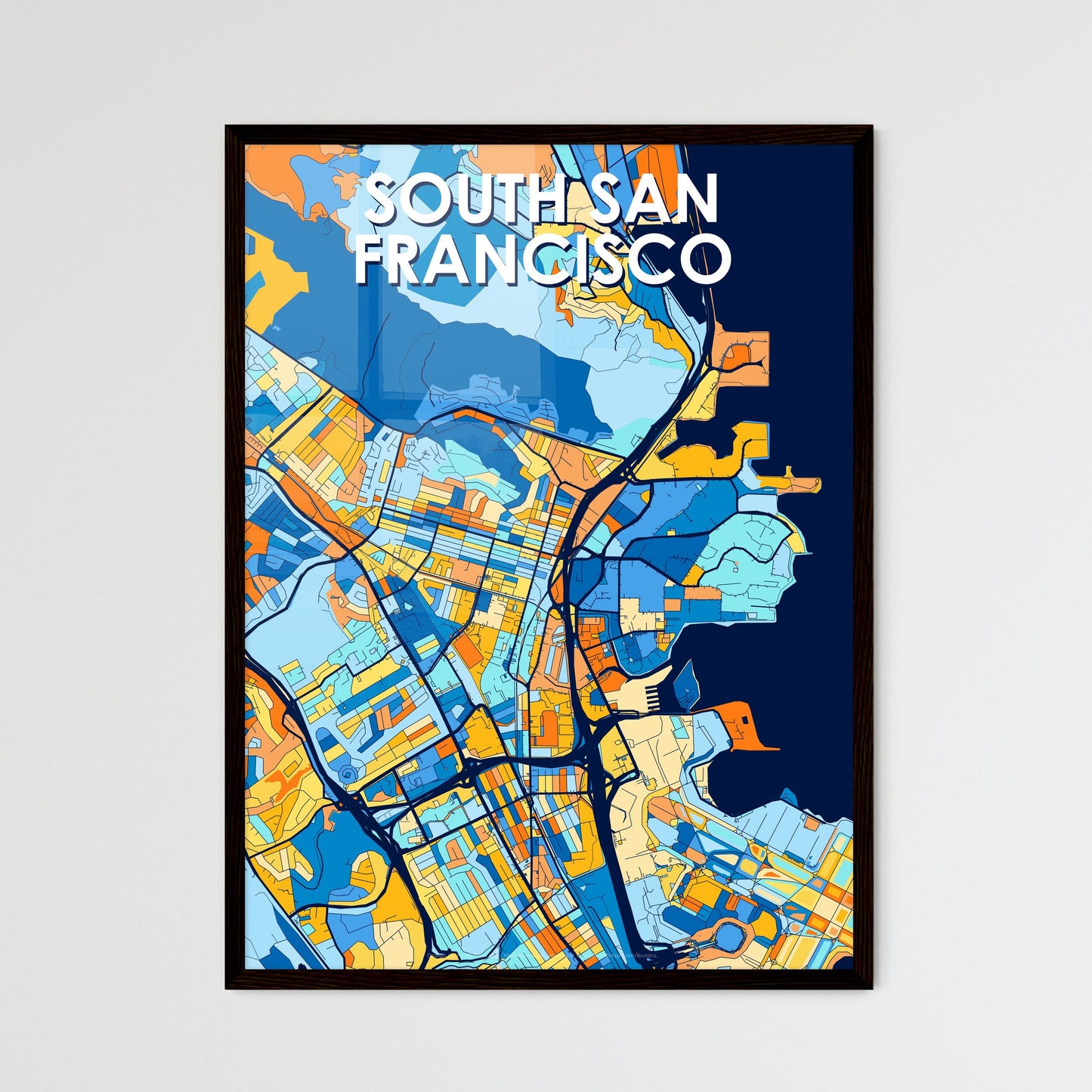 SOUTH SAN FRANCISCO CALIFORNIA Vibrant Colorful Art Map Poster Blue Orange