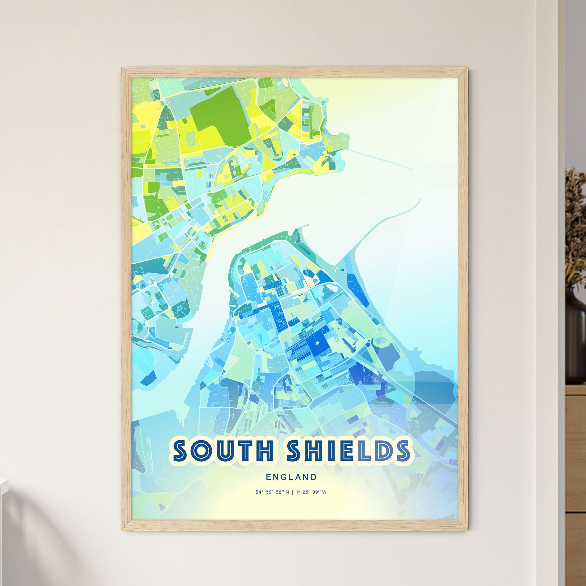 Colorful South Shields England Fine Art Map Cool Blue