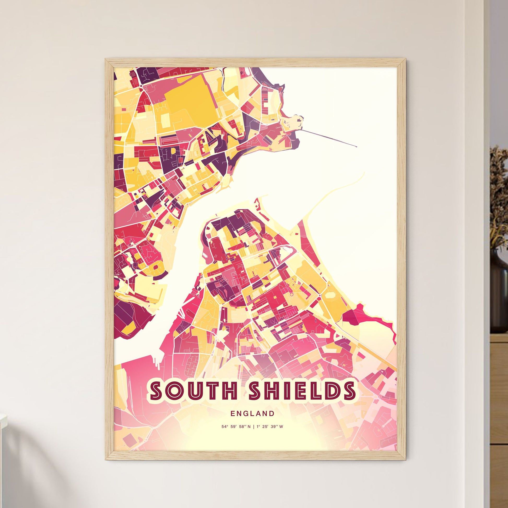 Colorful South Shields England Fine Art Map Hot Red