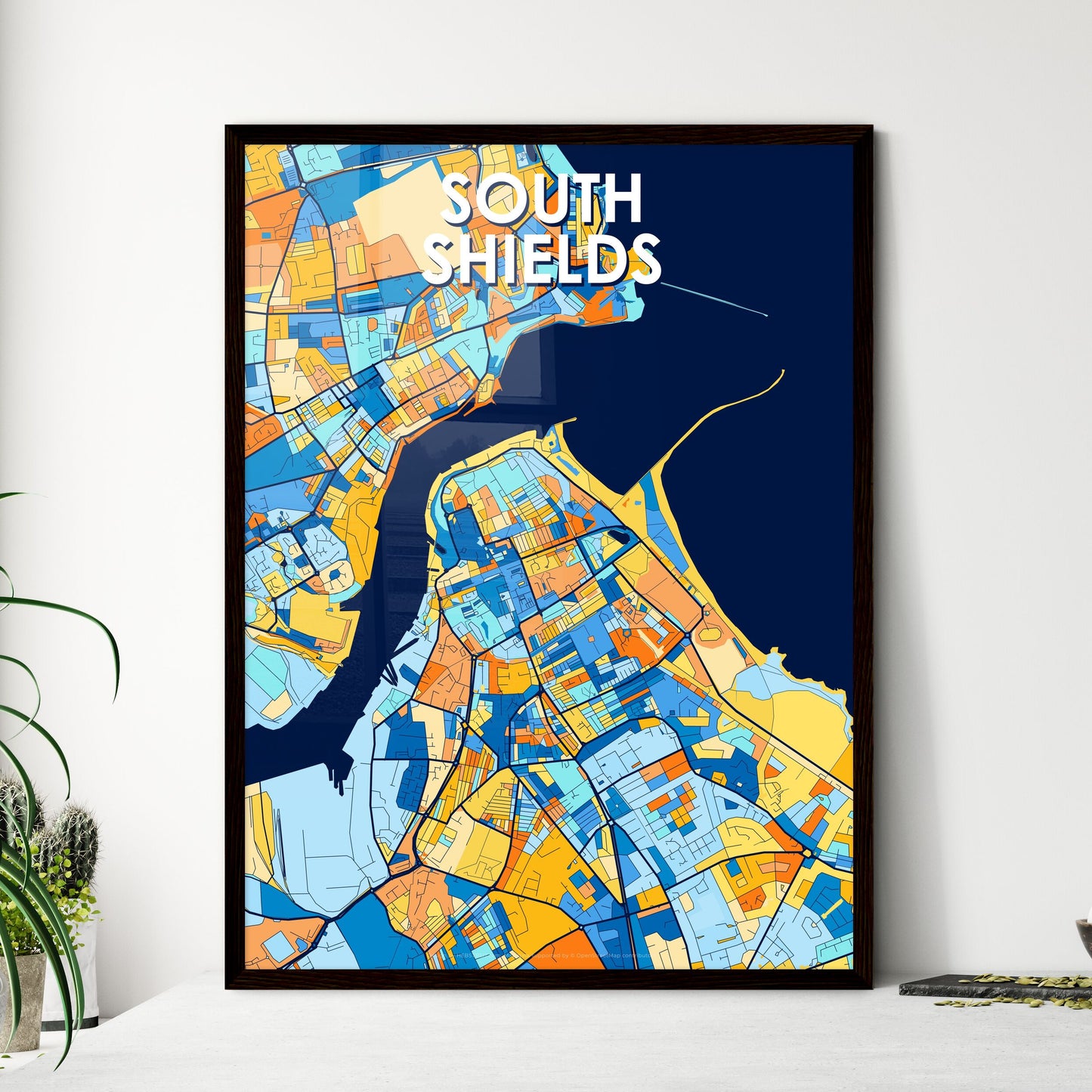 SOUTH SHIELDS ENGLAND Vibrant Colorful Art Map Poster Blue Orange