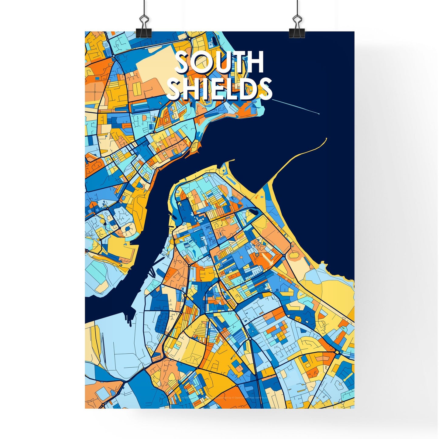 SOUTH SHIELDS ENGLAND Vibrant Colorful Art Map Poster Blue Orange