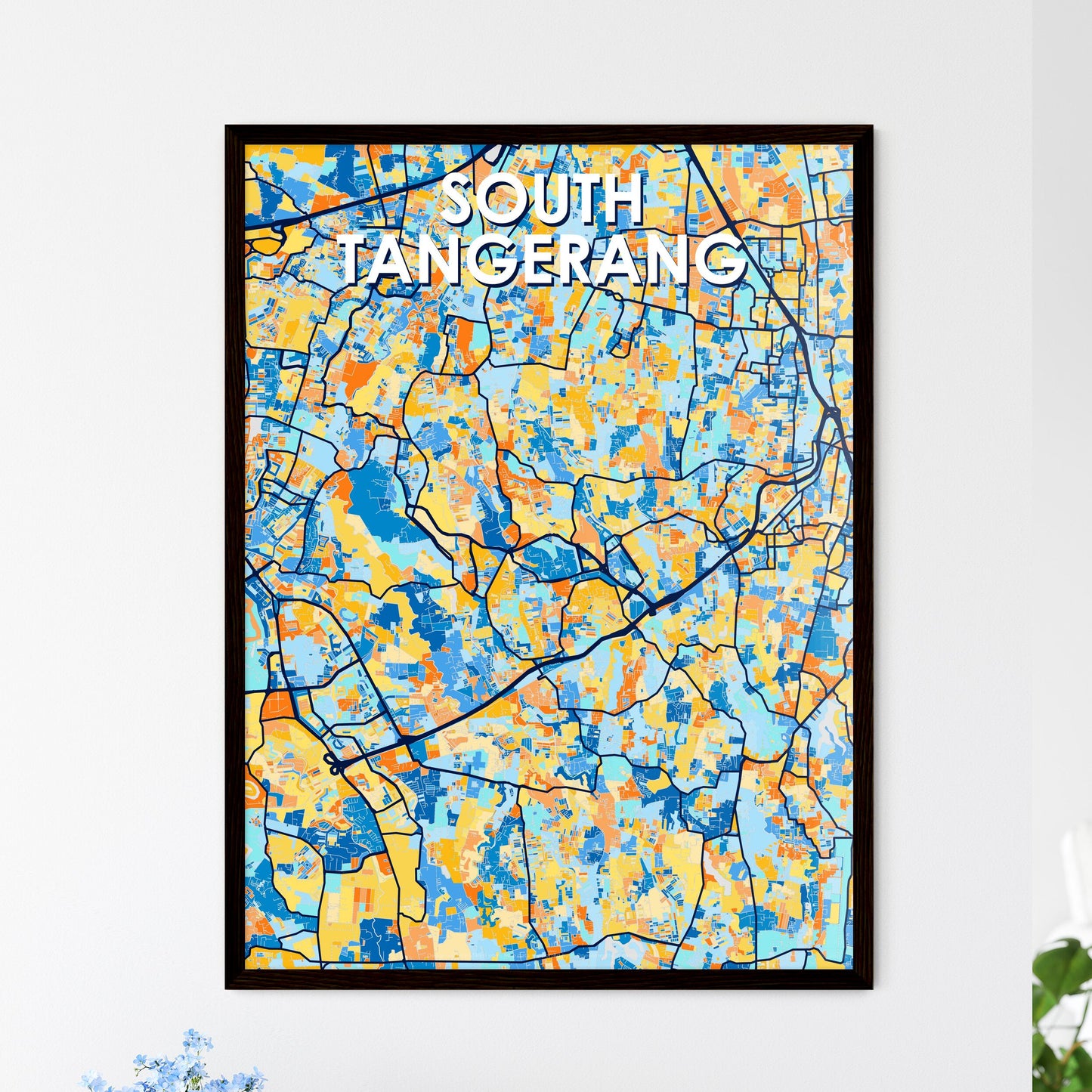 SOUTH TANGERANG INDONESIA Vibrant Colorful Art Map Poster Blue Orange