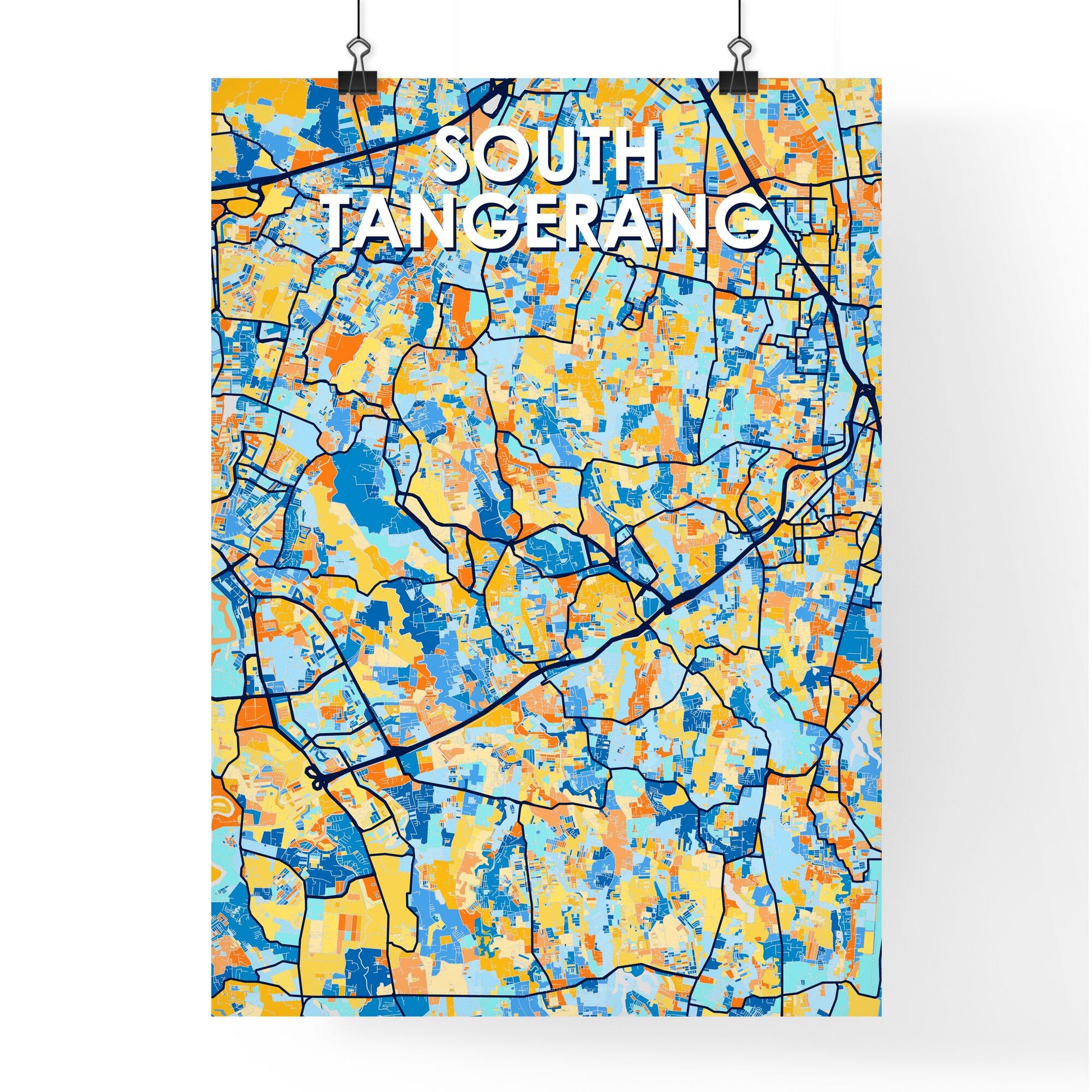 SOUTH TANGERANG INDONESIA Vibrant Colorful Art Map Poster Blue Orange