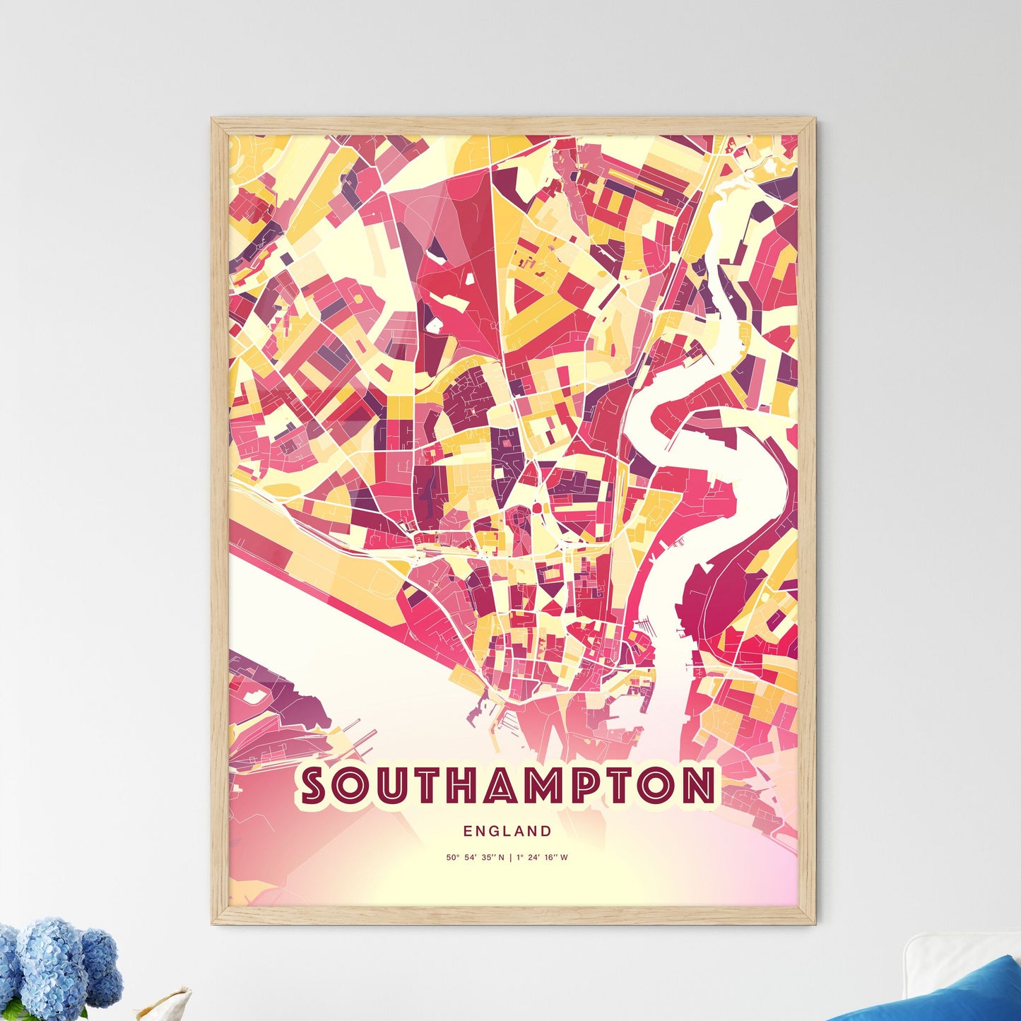 Colorful Southampton England Fine Art Map Hot Red