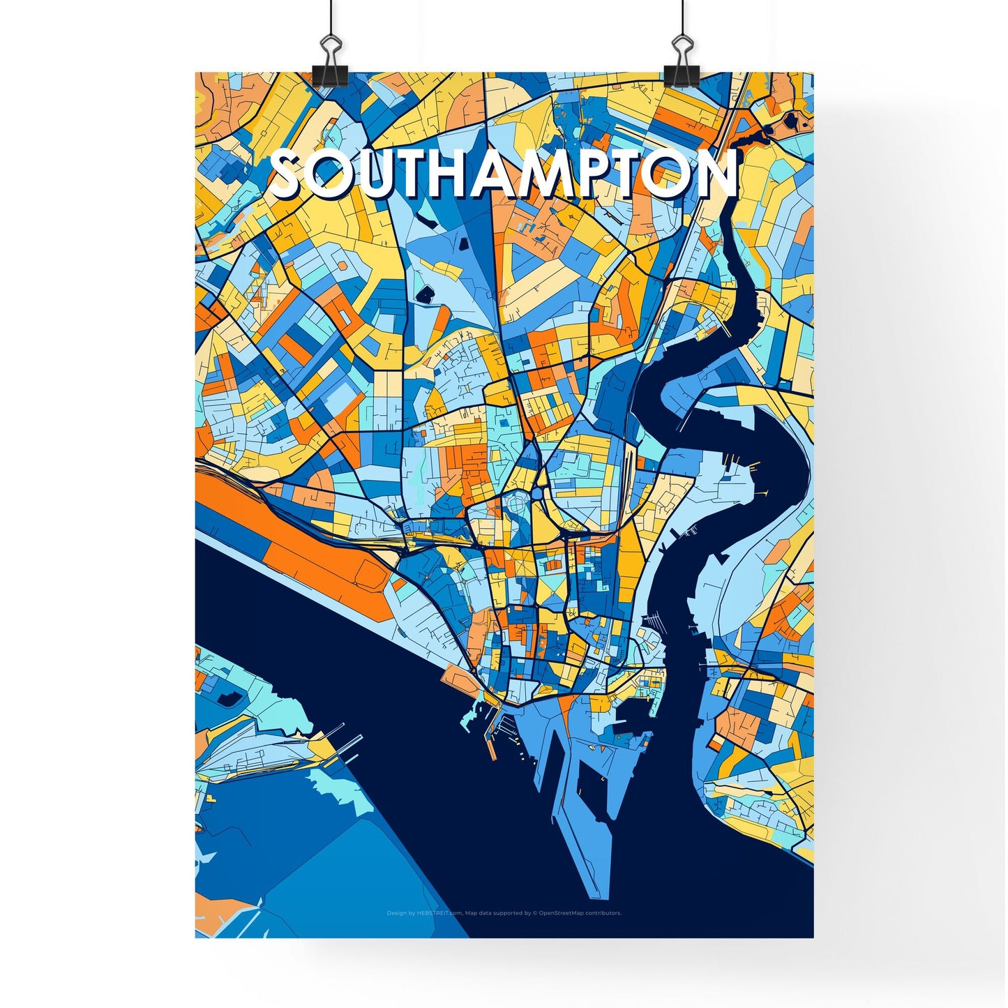 SOUTHAMPTON ENGLAND Vibrant Colorful Art Map Poster Blue Orange