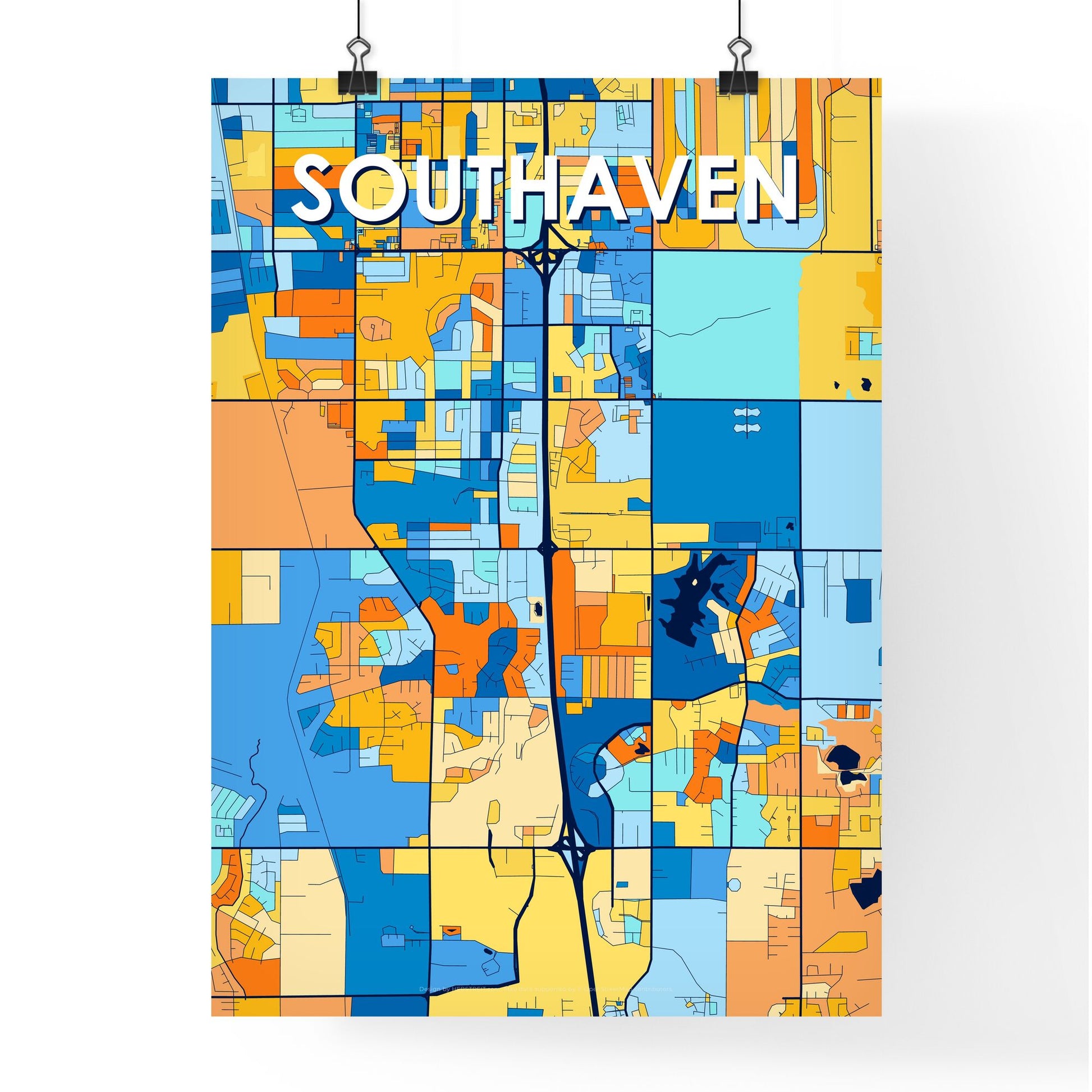 SOUTHAVEN MISSISSIPPI Vibrant Colorful Art Map Poster Blue Orange