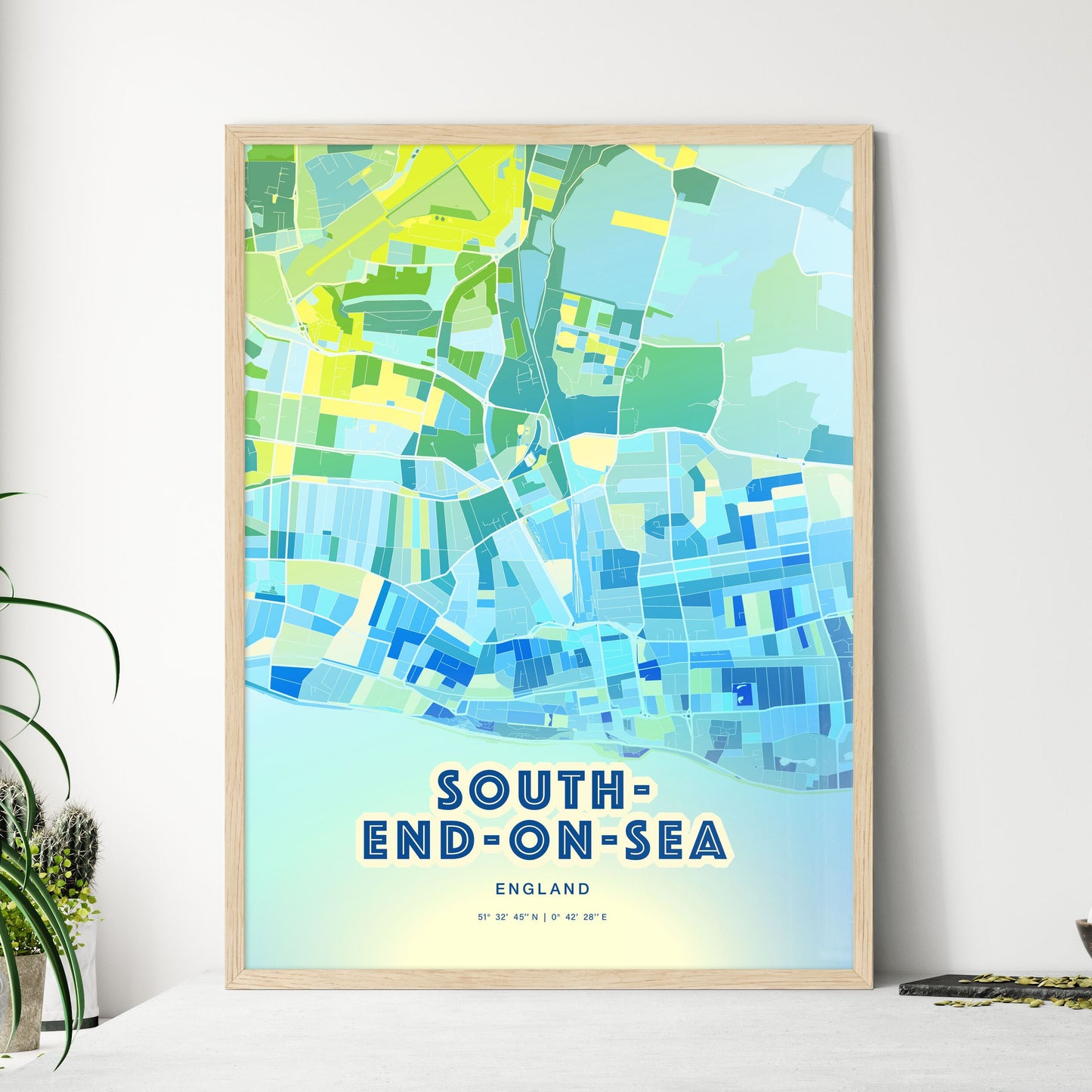 Colorful Southend-On-Sea England Fine Art Map Cool Blue