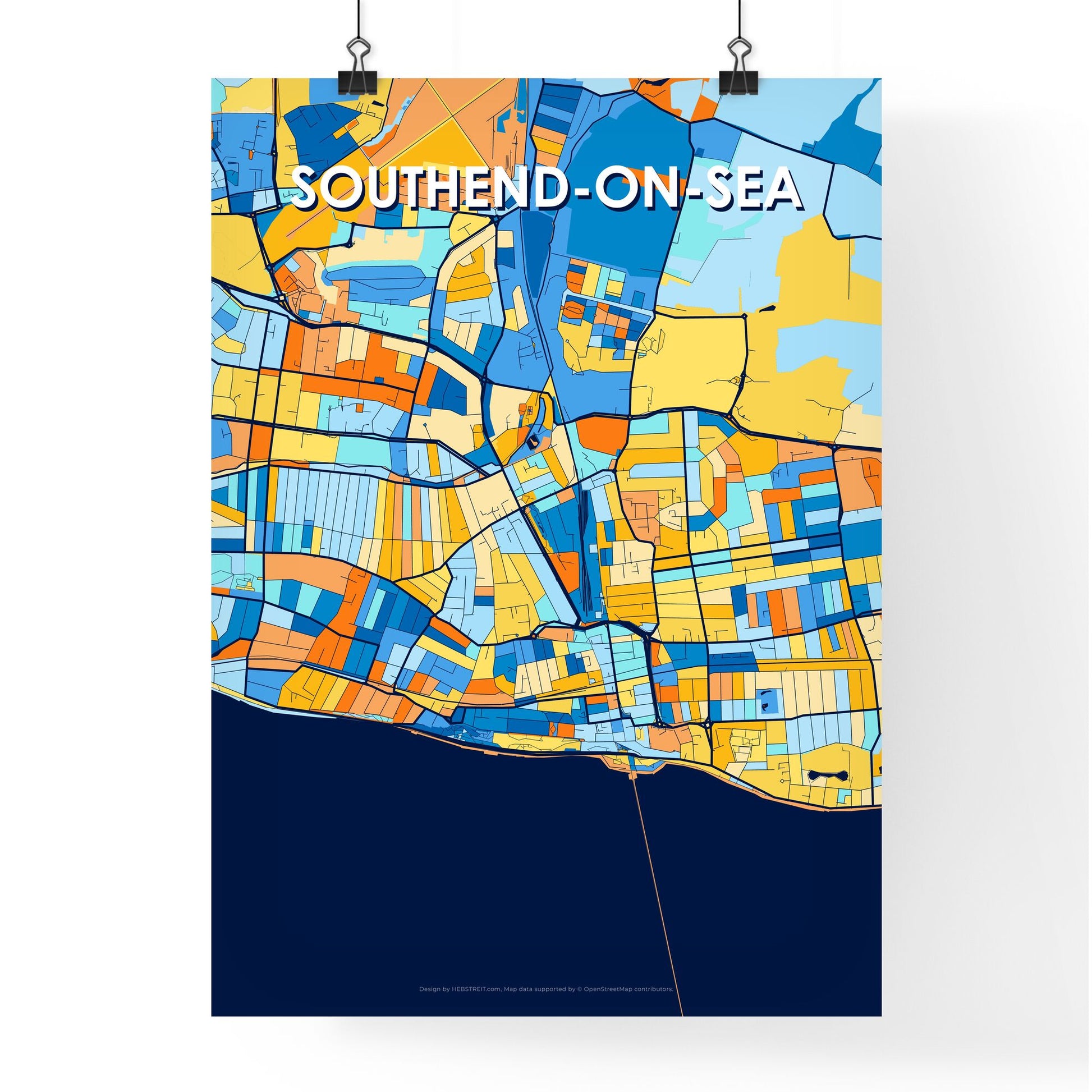 SOUTHEND-ON-SEA ENGLAND Vibrant Colorful Art Map Poster Blue Orange