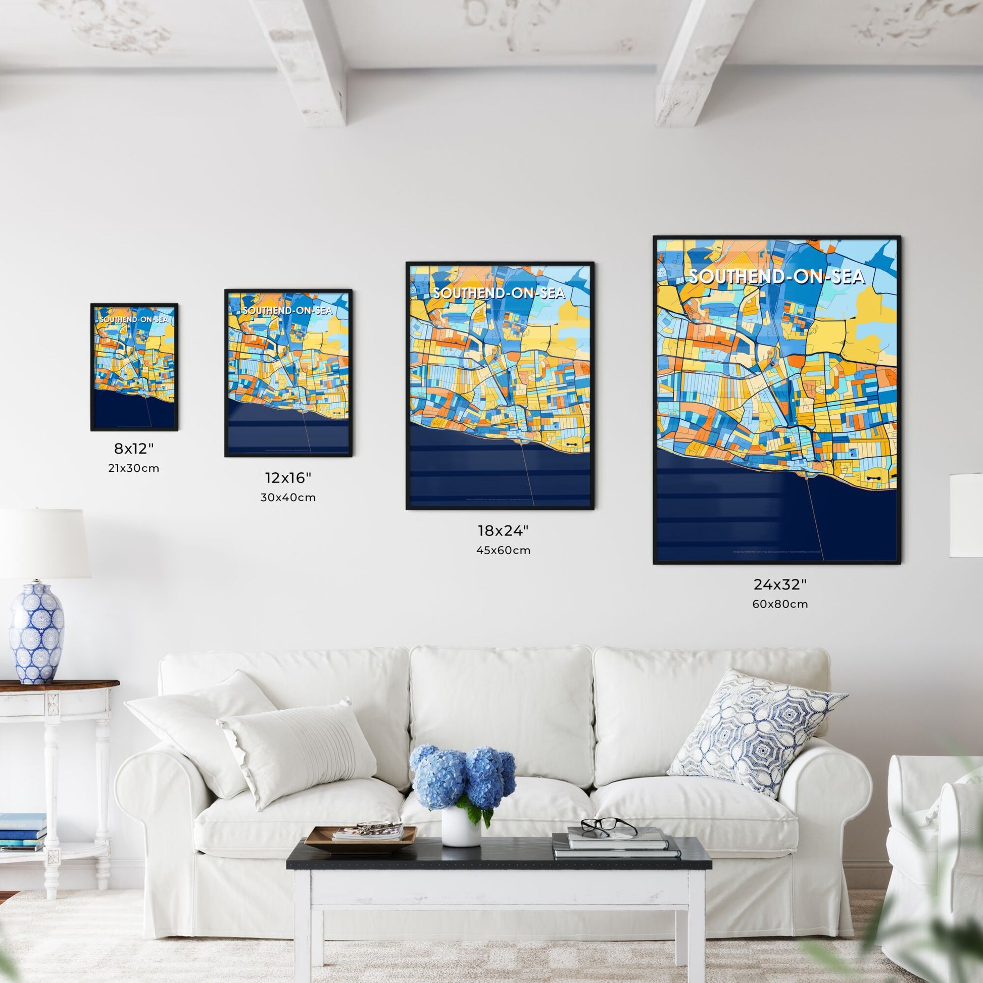 SOUTHEND-ON-SEA ENGLAND Vibrant Colorful Art Map Poster Blue Orange