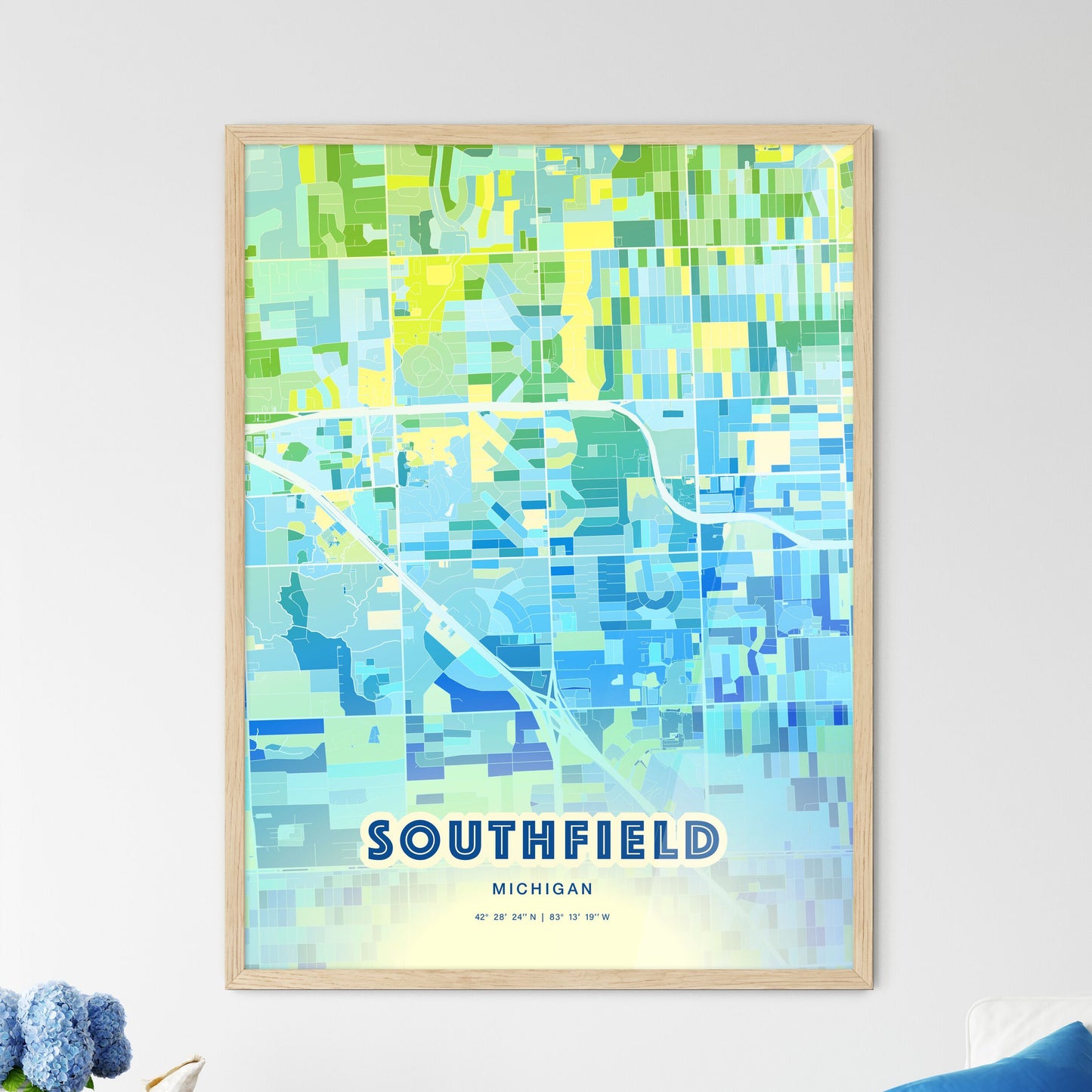 Colorful Southfield Michigan Fine Art Map Cool Blue