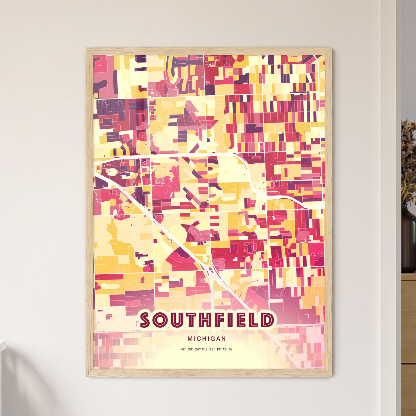 Colorful Southfield Michigan Fine Art Map Hot Red