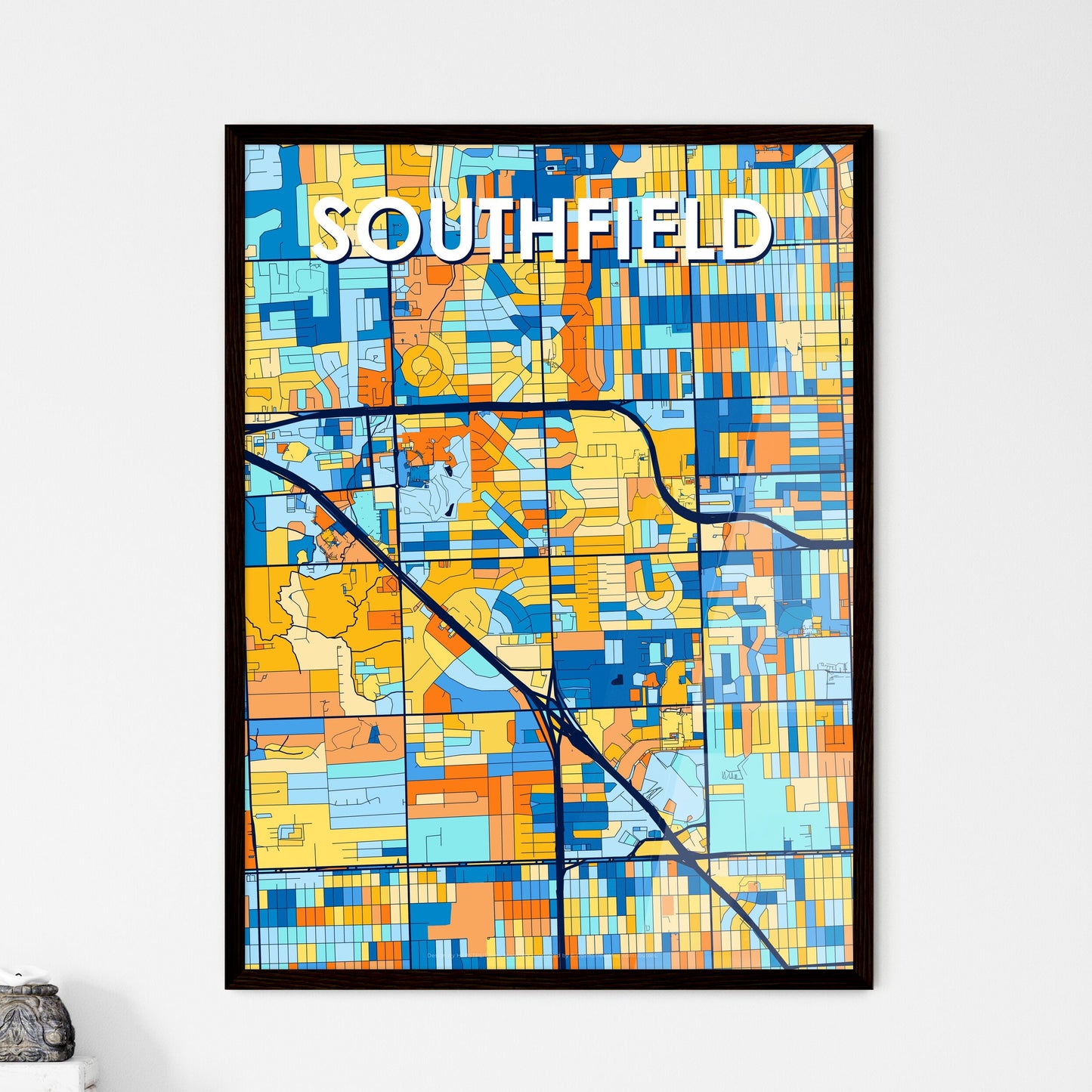 SOUTHFIELD MICHIGAN Vibrant Colorful Art Map Poster Blue Orange