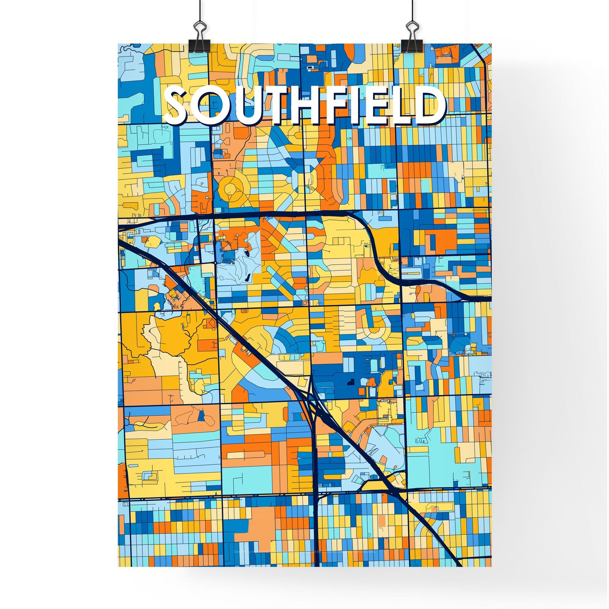 SOUTHFIELD MICHIGAN Vibrant Colorful Art Map Poster Blue Orange