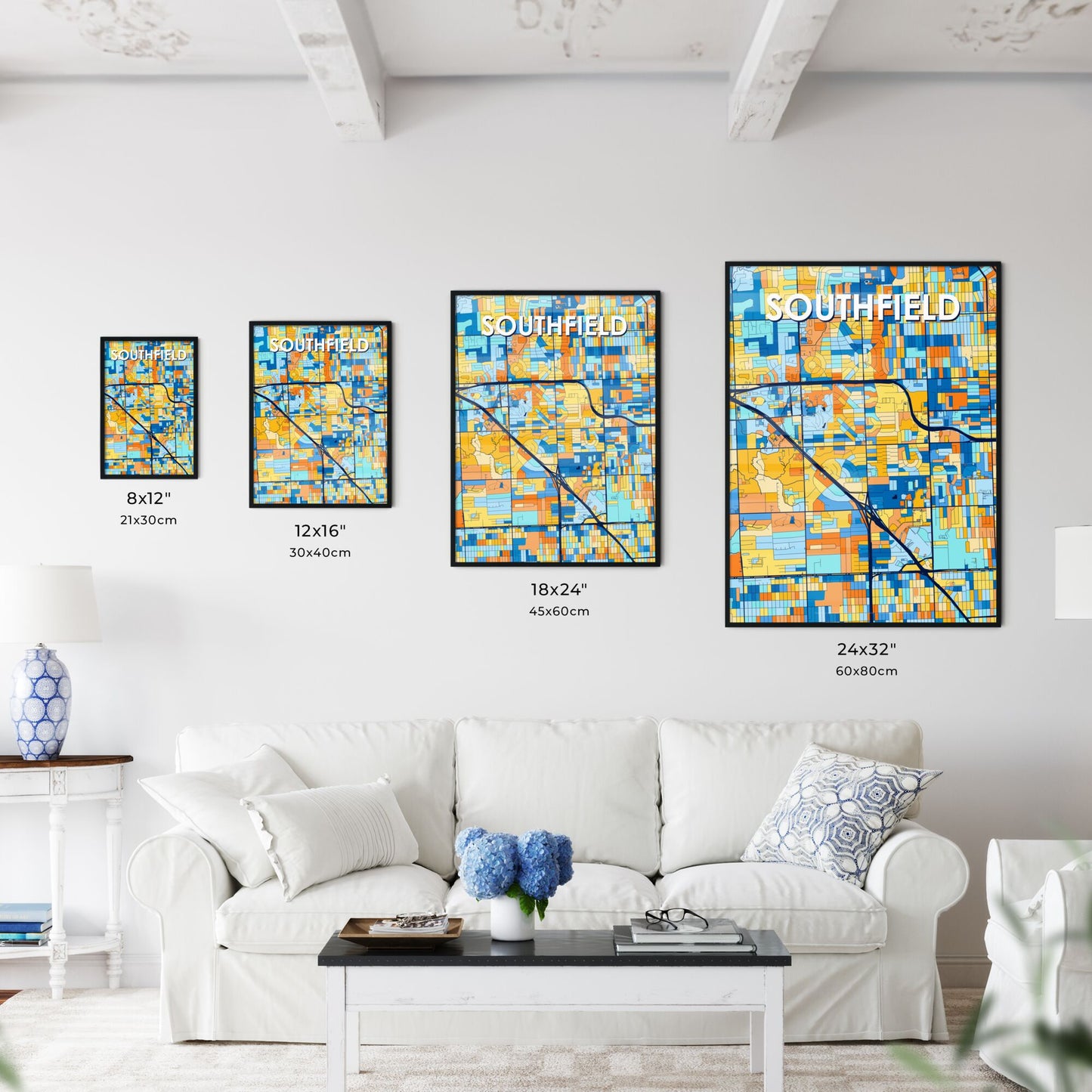 SOUTHFIELD MICHIGAN Vibrant Colorful Art Map Poster Blue Orange