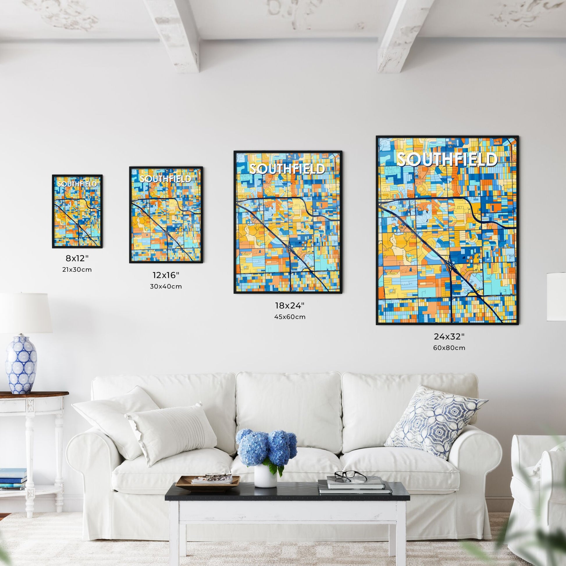 SOUTHFIELD MICHIGAN Vibrant Colorful Art Map Poster Blue Orange