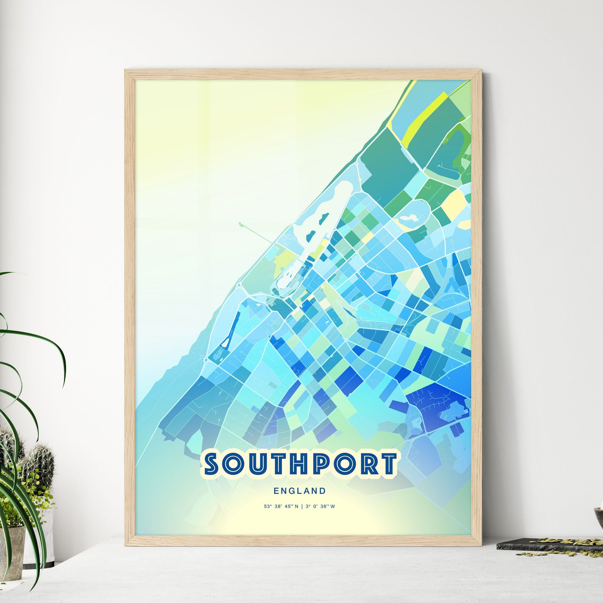 Colorful Southport England Fine Art Map Cool Blue