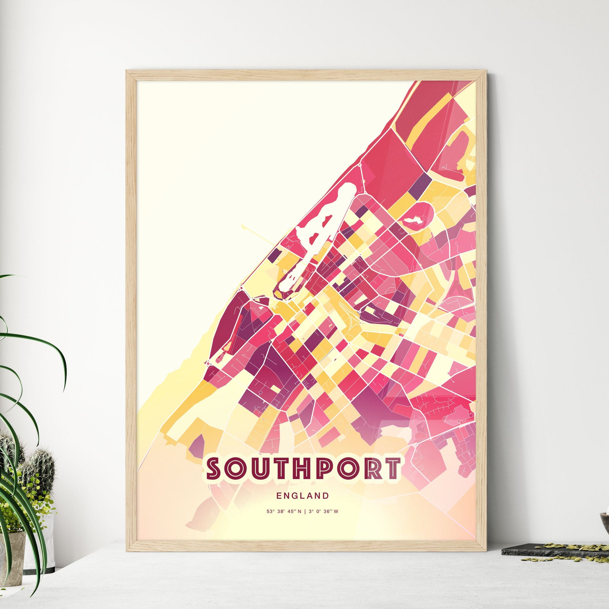 Colorful Southport England Fine Art Map Hot Red