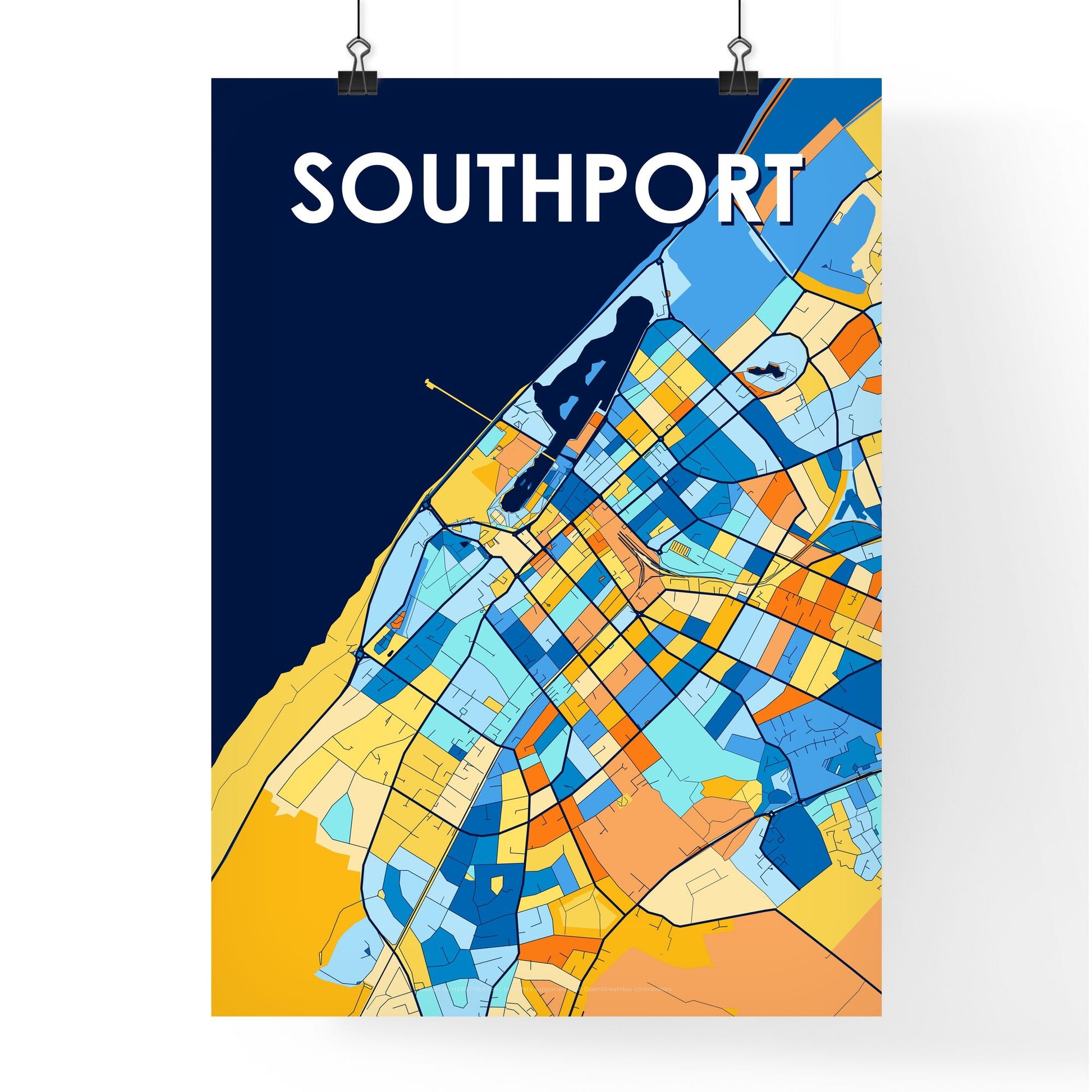 SOUTHPORT ENGLAND Vibrant Colorful Art Map Poster Blue Orange