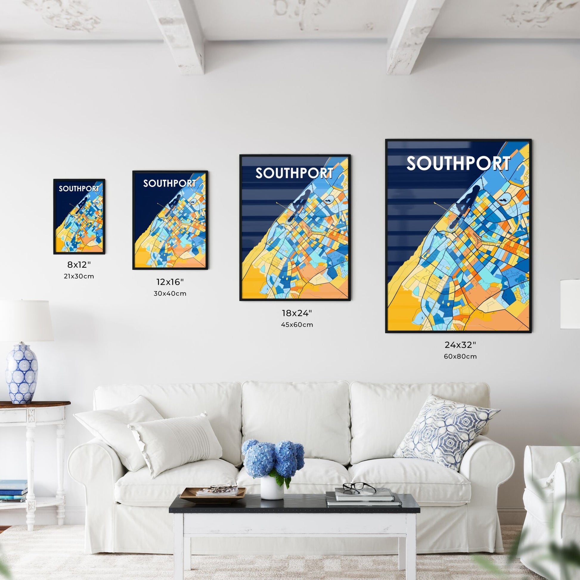 SOUTHPORT ENGLAND Vibrant Colorful Art Map Poster Blue Orange