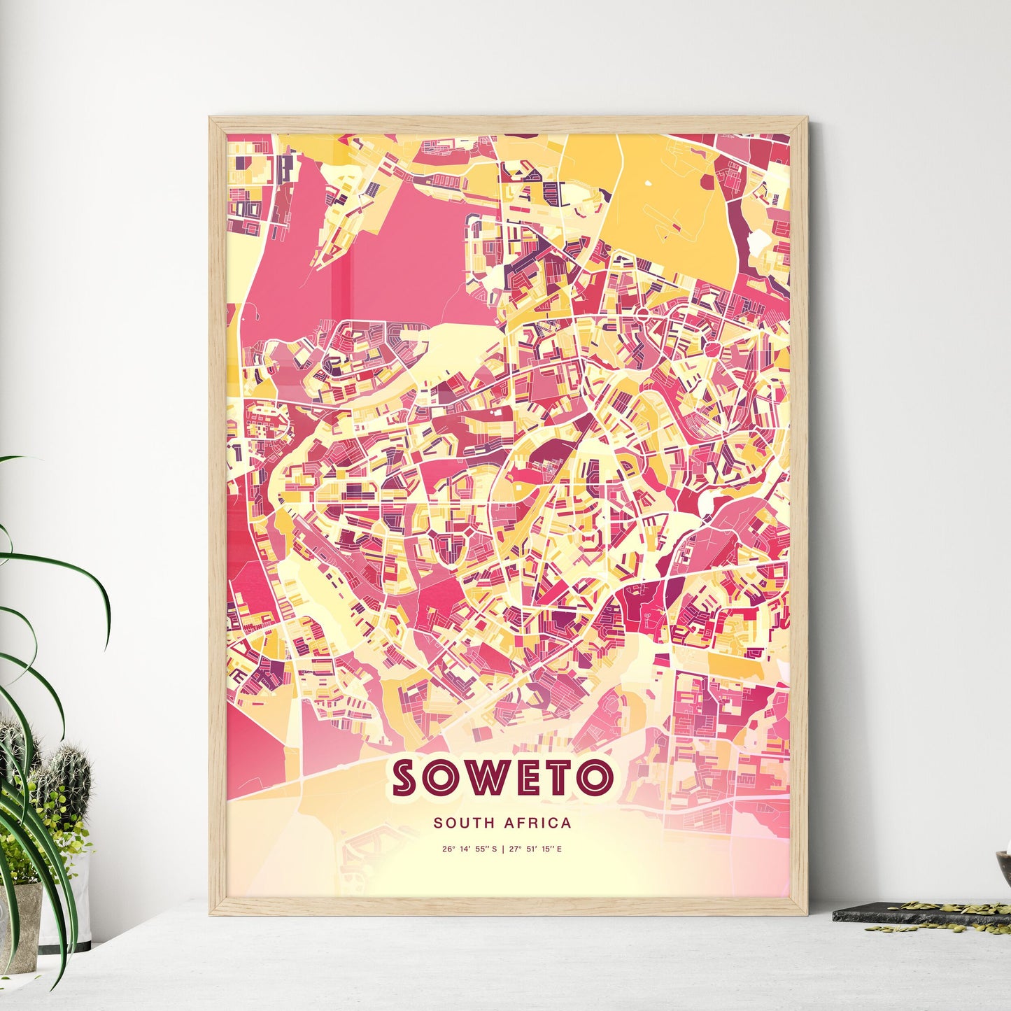 Colorful Soweto South Africa Fine Art Map Hot Red