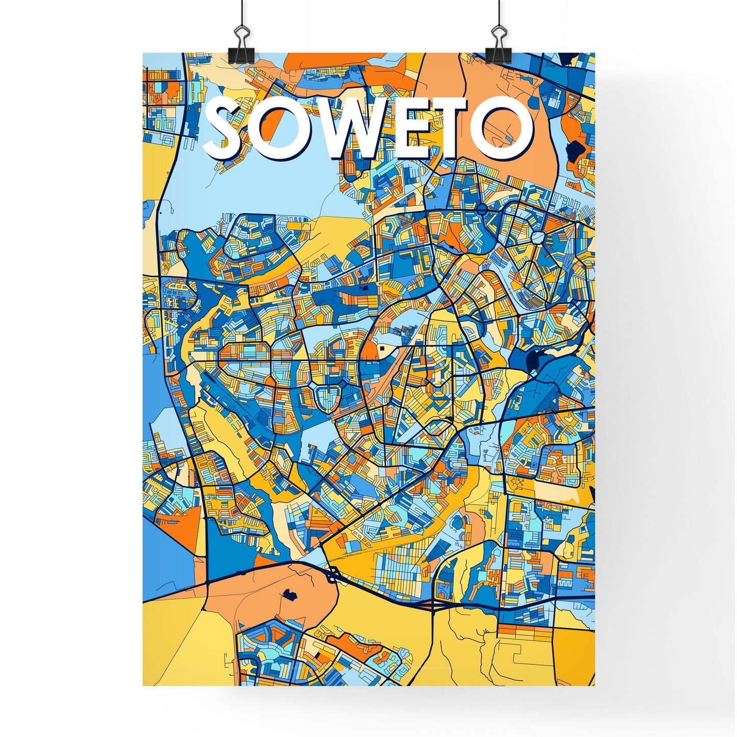 SOWETO SOUTH AFRICA Vibrant Colorful Art Map Poster Blue Orange