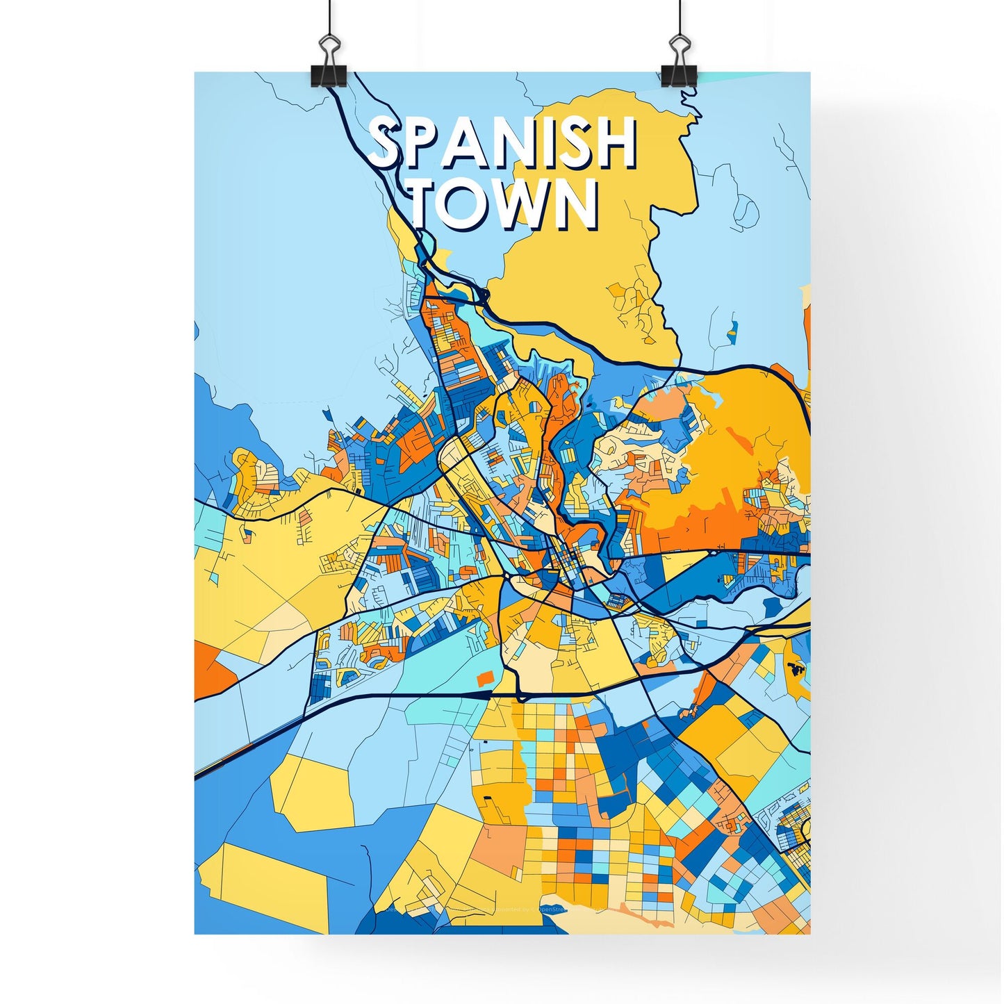 SPANISH TOWN JAMAICA Vibrant Colorful Art Map Poster Blue Orange