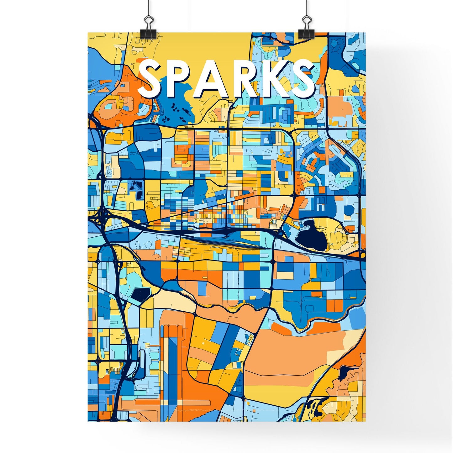 SPARKS NEVADA Vibrant Colorful Art Map Poster Blue Orange