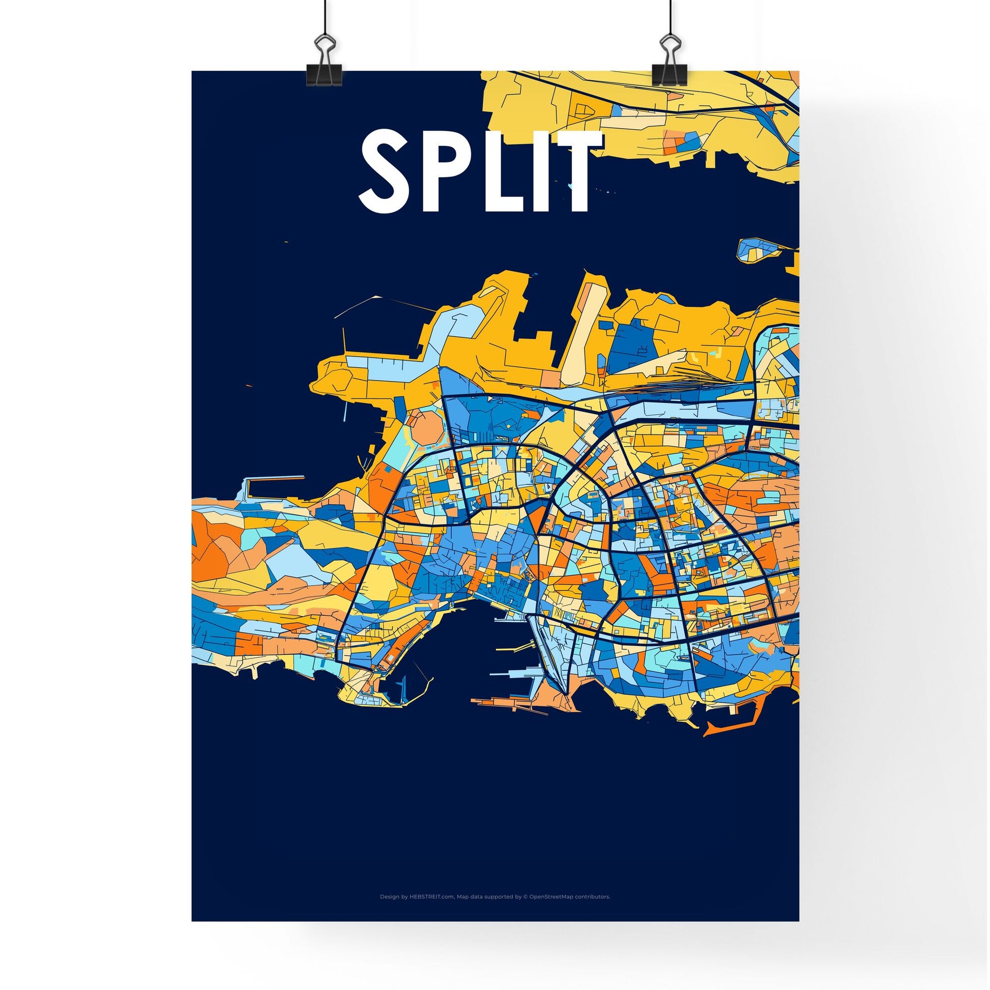 SPLIT CROATIA Vibrant Colorful Art Map Poster Blue Orange