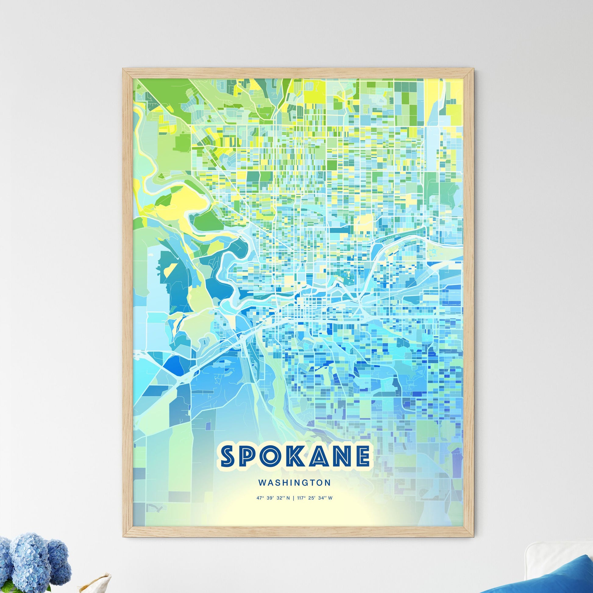 Colorful Spokane Washington Fine Art Map Cool Blue