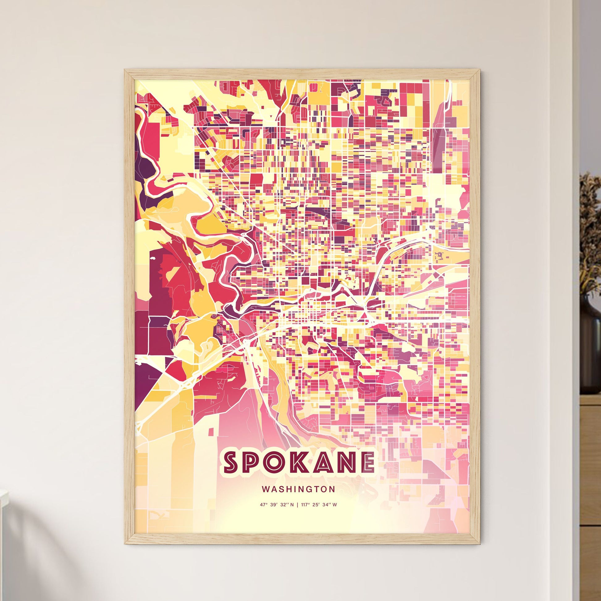 Colorful Spokane Washington Fine Art Map Hot Red
