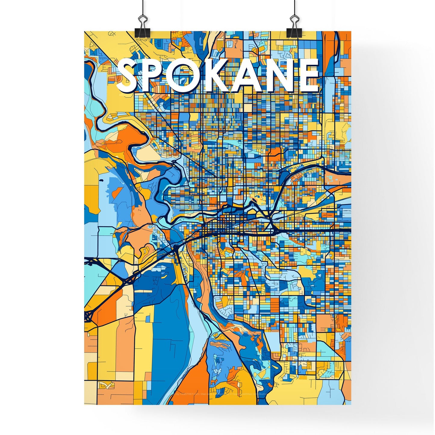 SPOKANE WASHINGTON Vibrant Colorful Art Map Poster Blue Orange