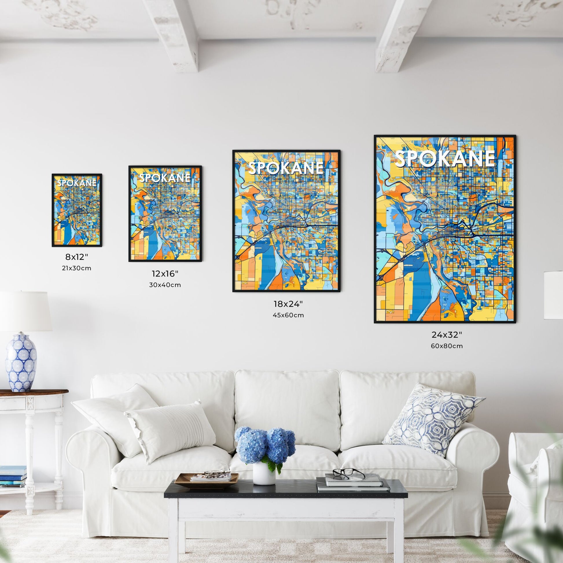 SPOKANE WASHINGTON Vibrant Colorful Art Map Poster Blue Orange