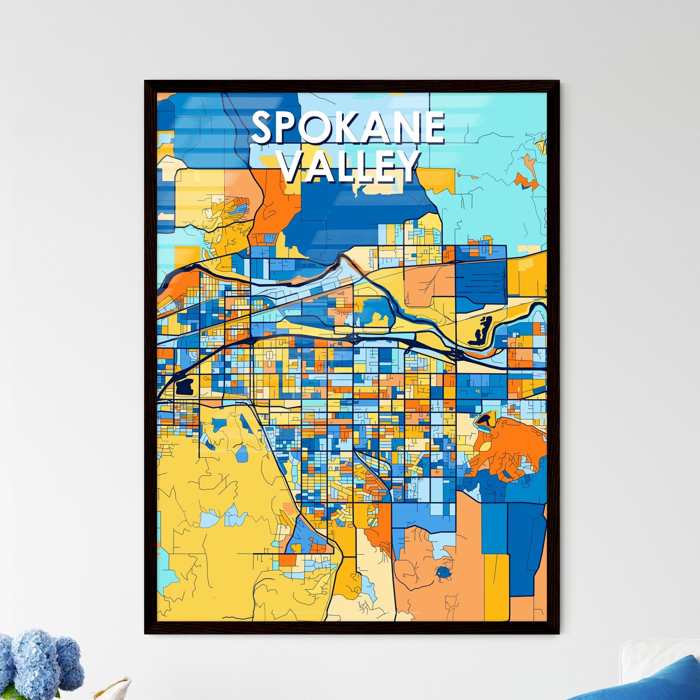 SPOKANE VALLEY WASHINGTON Vibrant Colorful Art Map Poster Blue Orange