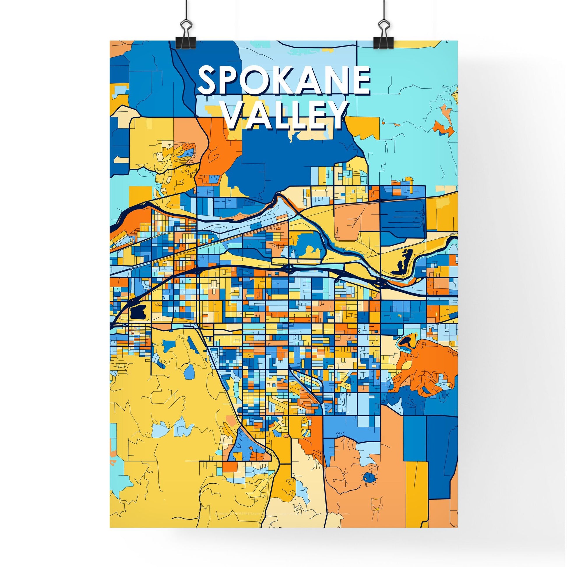 SPOKANE VALLEY WASHINGTON Vibrant Colorful Art Map Poster Blue Orange