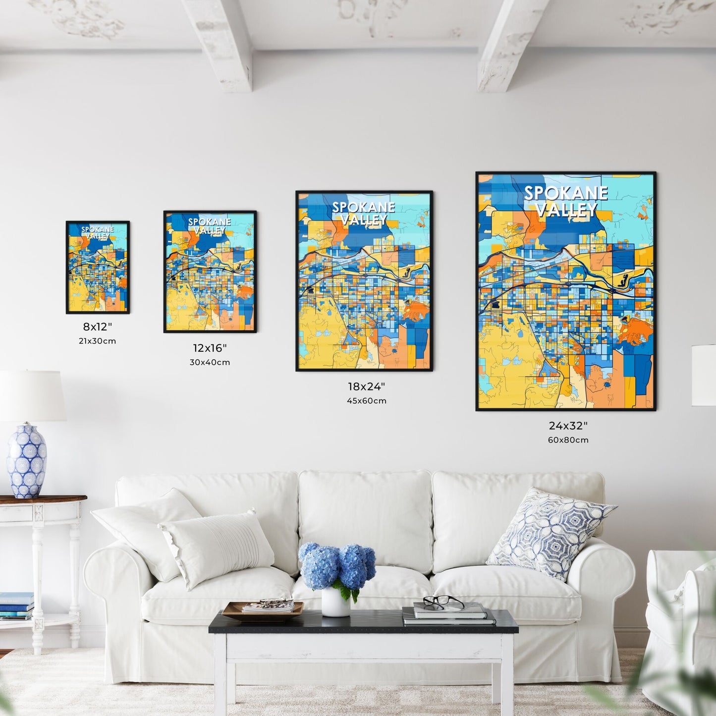 SPOKANE VALLEY WASHINGTON Vibrant Colorful Art Map Poster Blue Orange