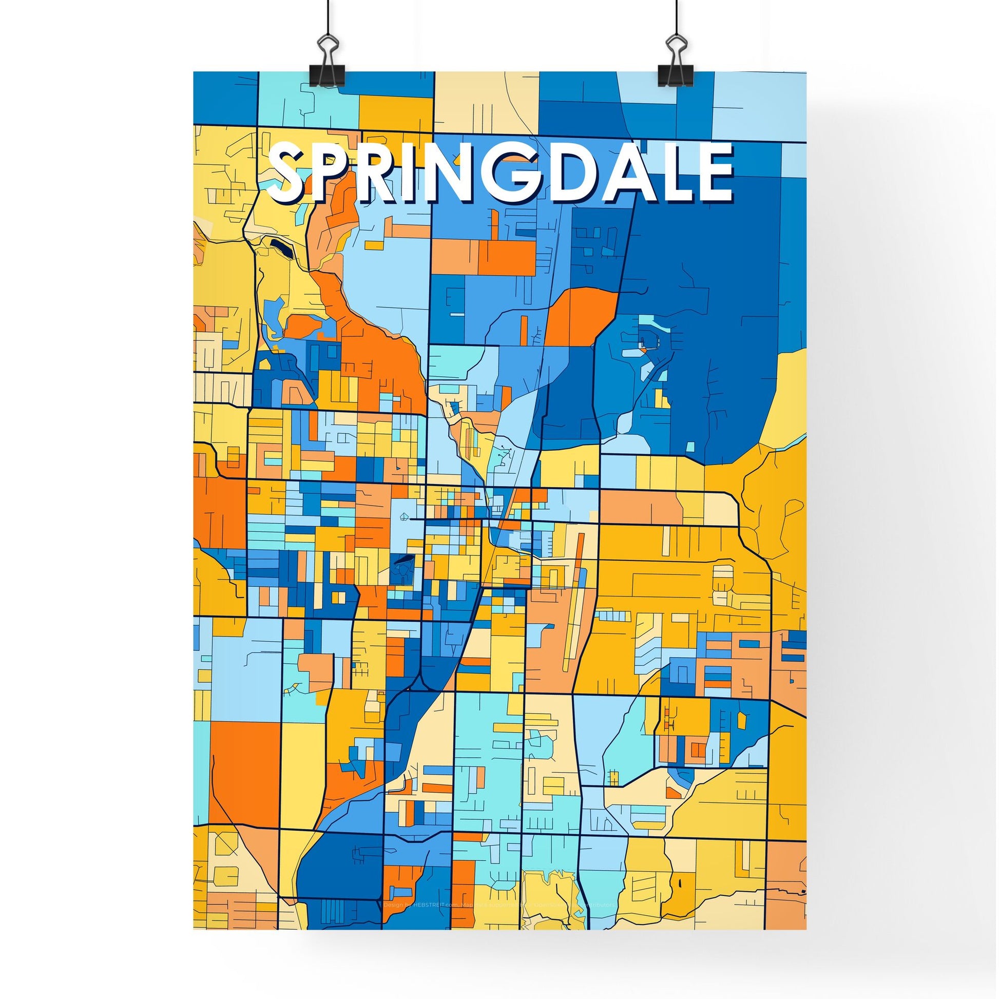 SPRINGDALE ARKANSAS Vibrant Colorful Art Map Poster Blue Orange