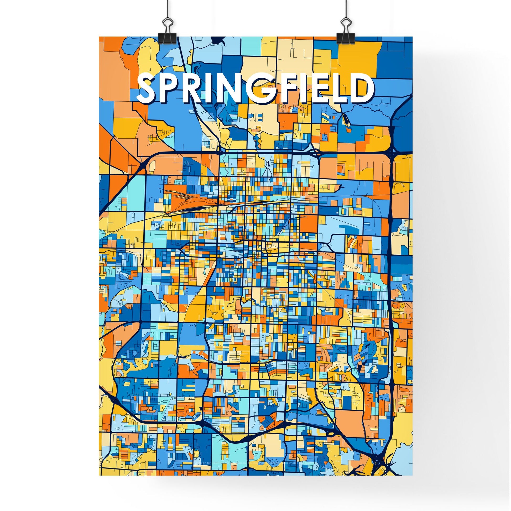 SPRINGFIELD MISSOURI Vibrant Colorful Art Map Poster Blue Orange