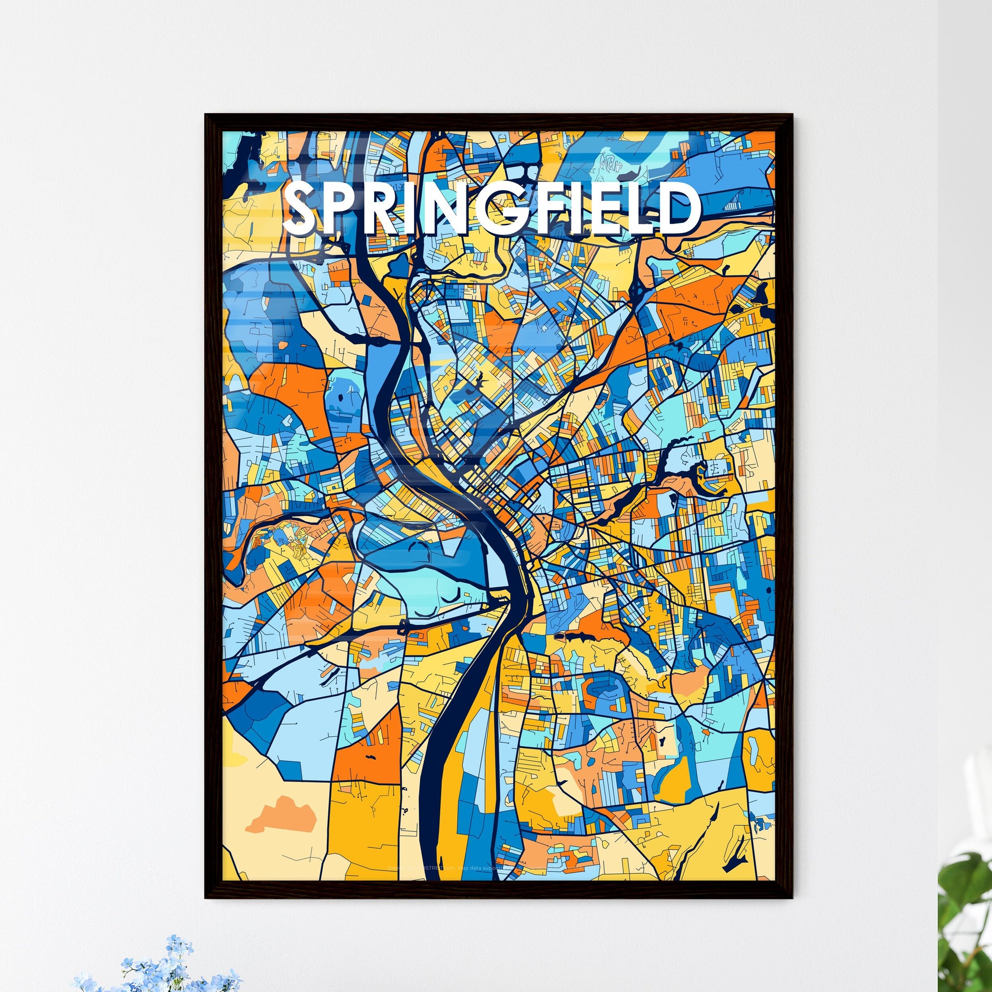 SPRINGFIELD MASSACHUSETTS Vibrant Colorful Art Map Poster Blue Orange