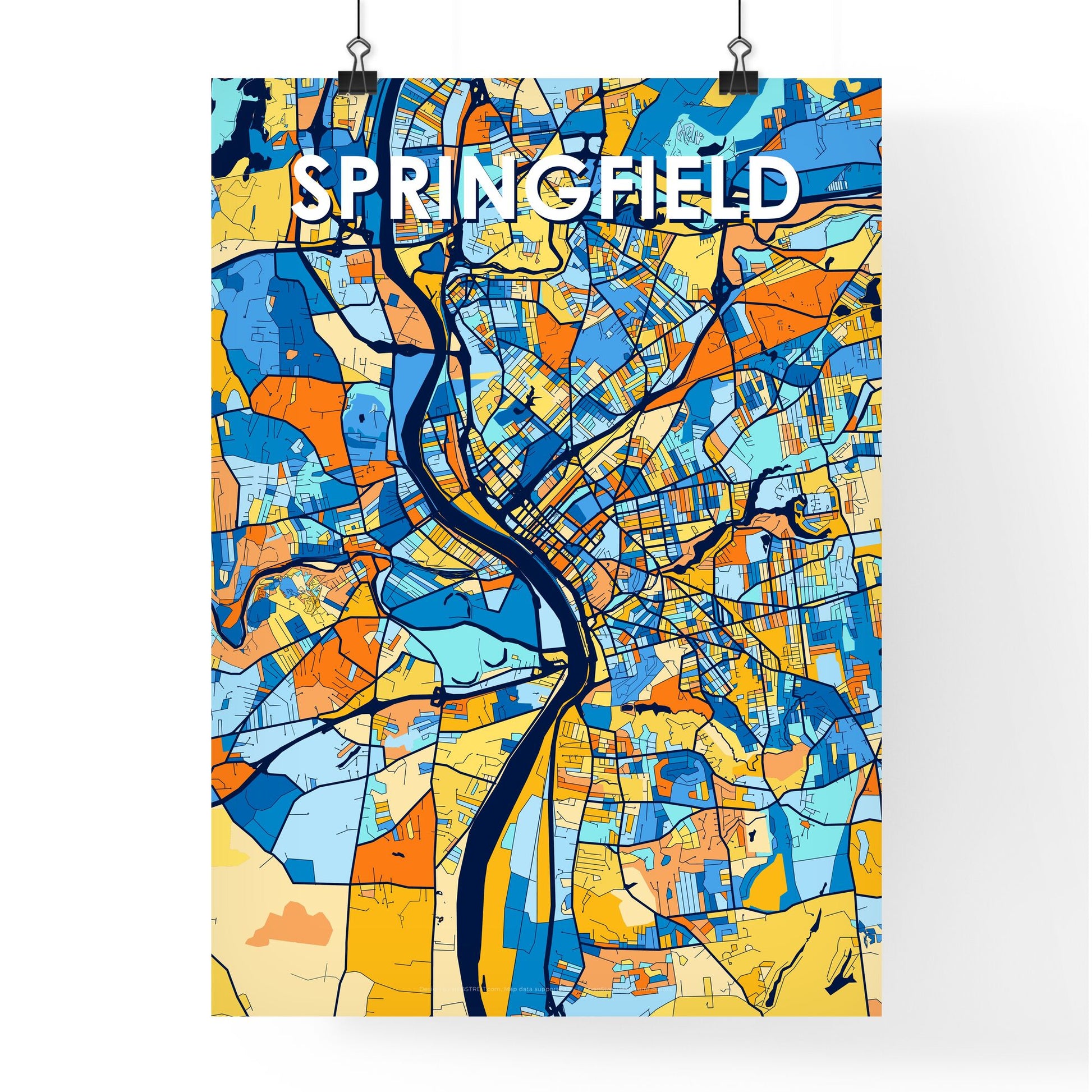 SPRINGFIELD MASSACHUSETTS Vibrant Colorful Art Map Poster Blue Orange